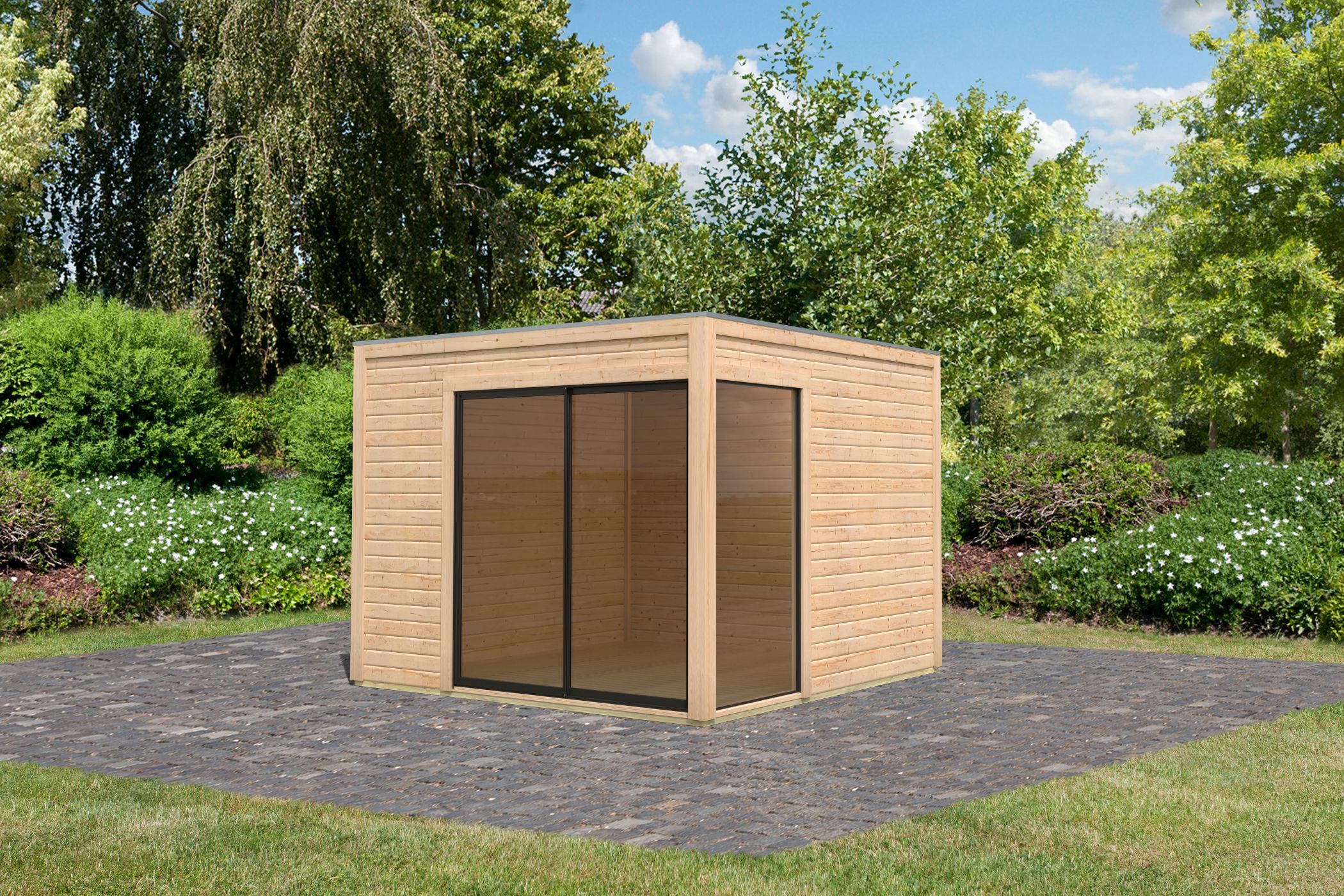 Karibu Poolhaus Dice 1, im Garten aufgebaut