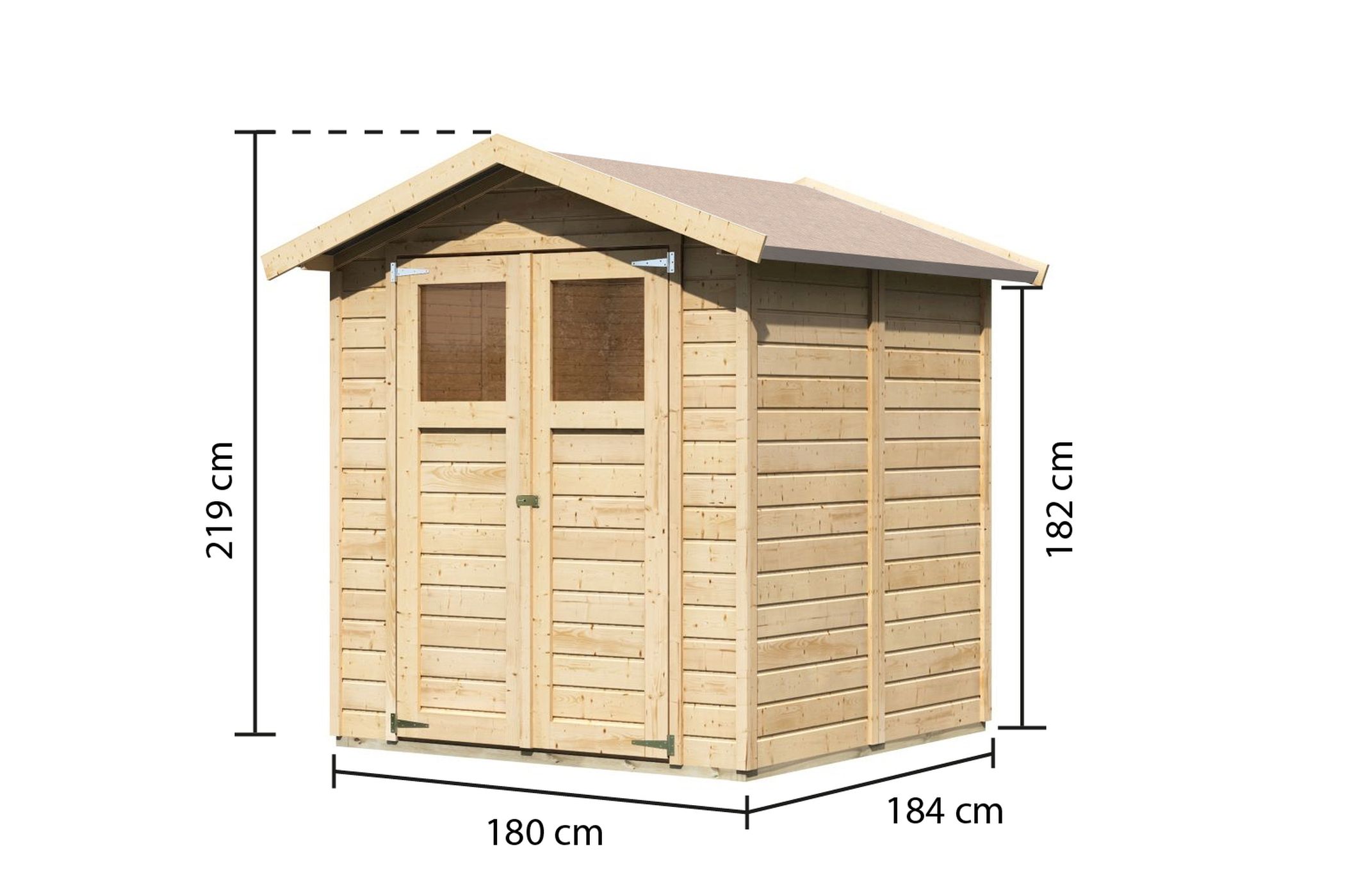 Maßzeichnung der Karibu kleines Gerätehaus Dahme 3 mit Bemaßung von Grundfläche und Höhe