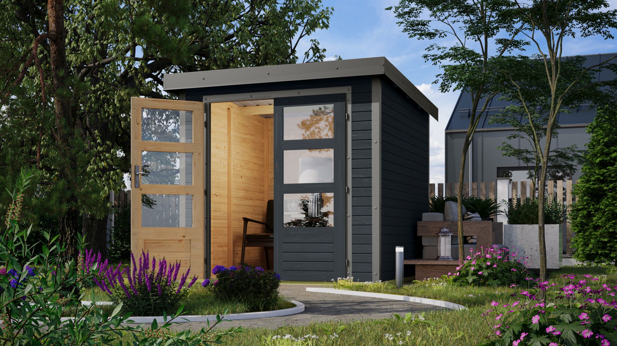 Karibu Gartenhaus Holz & Metall Jupiter 2 in Anthrazit mit Metall in Graualuminium im Garten