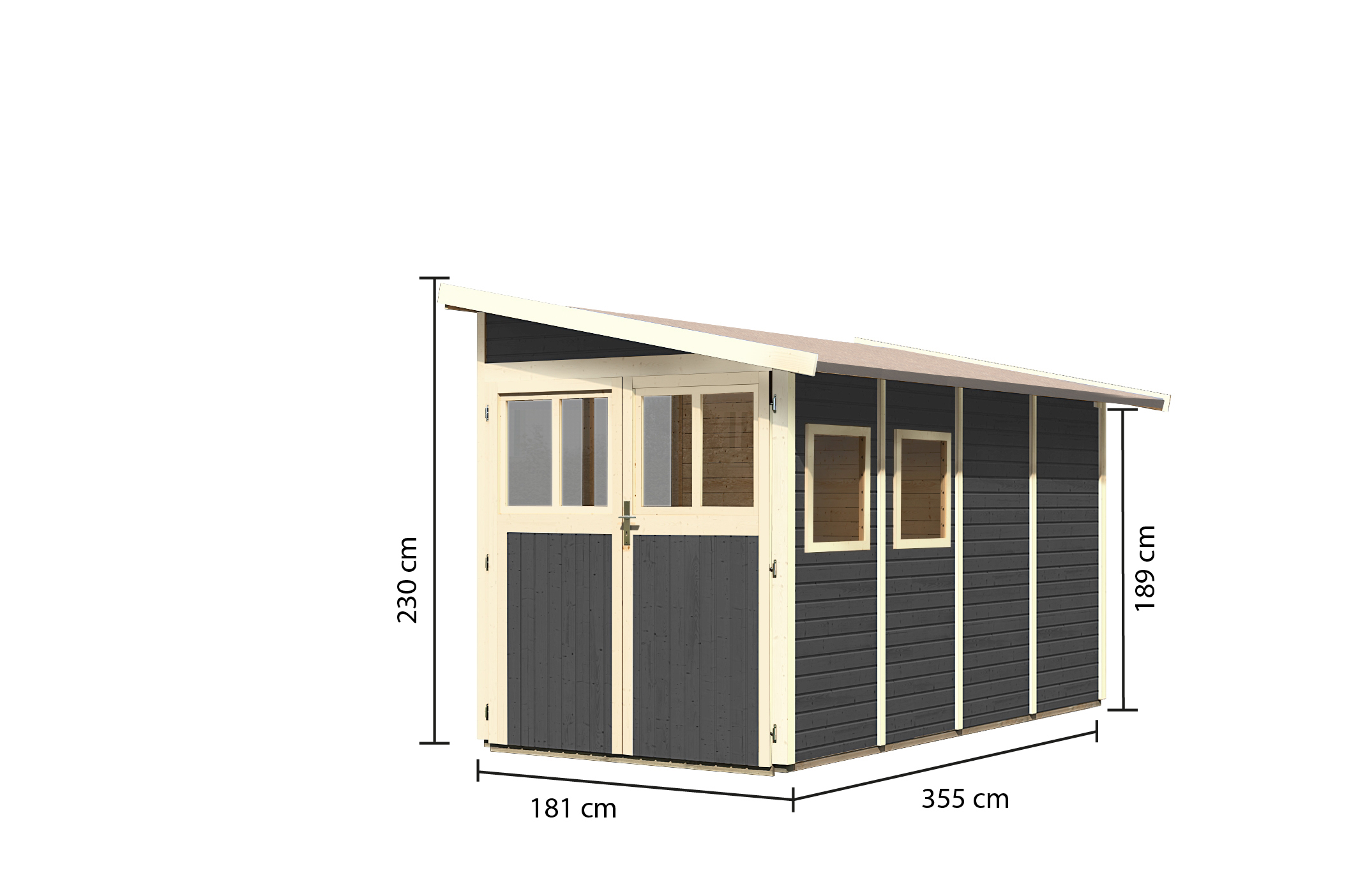 Bemaßte Maßzeichnung des Karibu Gerätehaus Wandlitz 4 mit Bemaßung