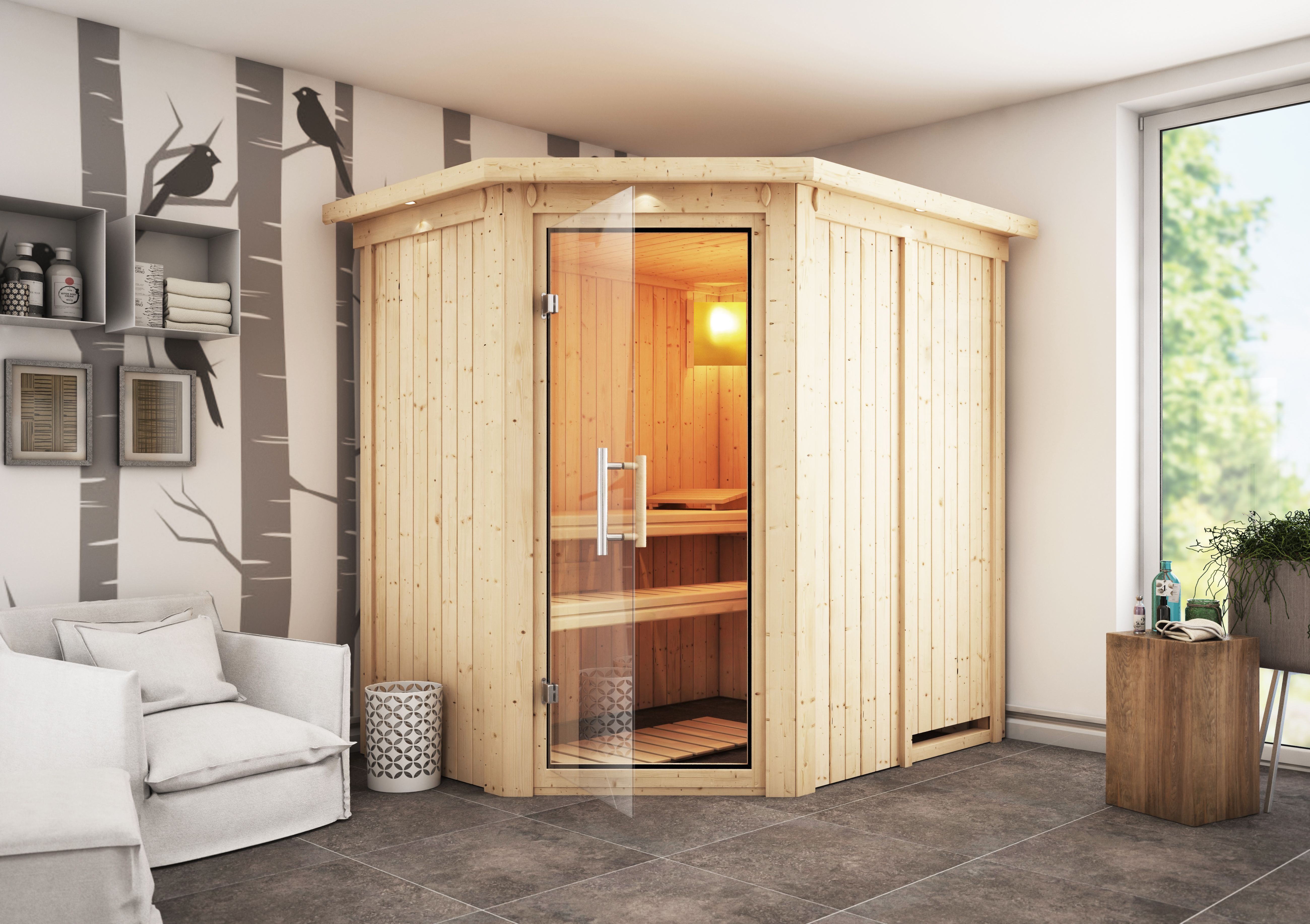 Karibu Sauna Carin als stimmungsvoller Wellnessbereich in einem modern eingerichteten Wohnraum