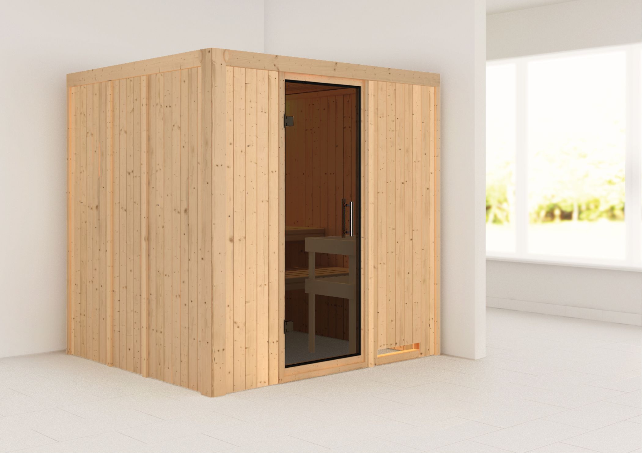 Außenansicht der Karibu Sauna Daria aus nordischer Fichte mit graphitfarbener Ganzglastür und Fronteinstieg