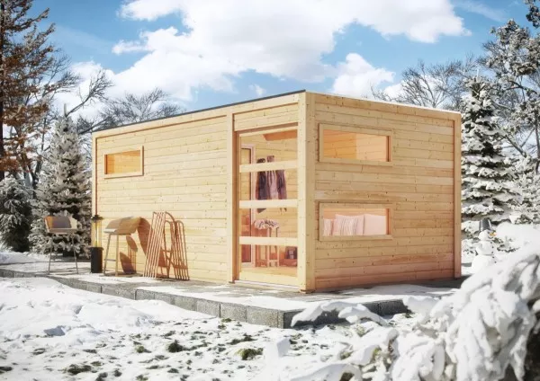 Karibu Saunahaus Hygge mit Vorraum als Gartensauna aus Massivholz im Garten mit Glasfront
