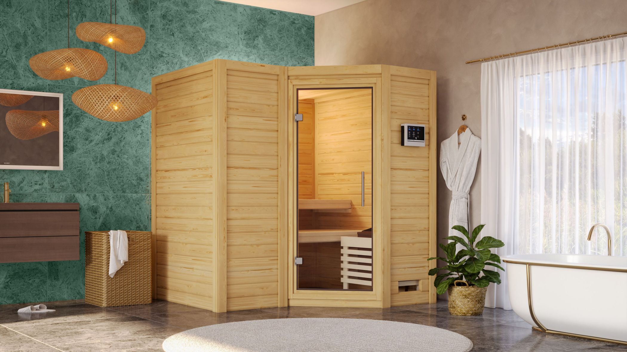 Karibu Sauna Sahib 1 als hochwertige Sauna aus nordischer Fichte im Wohnraum-Ambiente