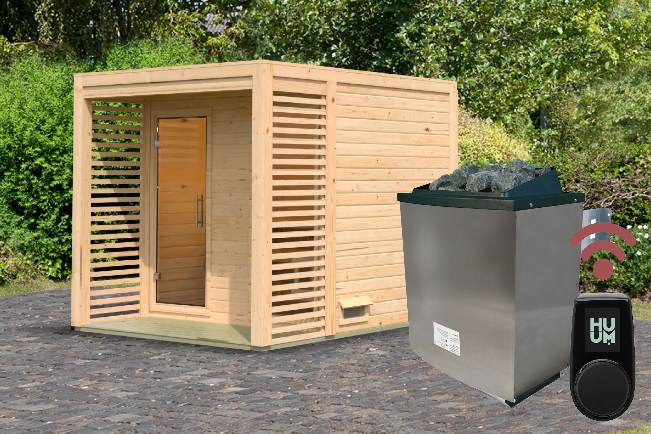 Gegenüberstellung von Außen- und Innenseite der Saunawand einer Karibu Gartensauna aus nordischer Fichte