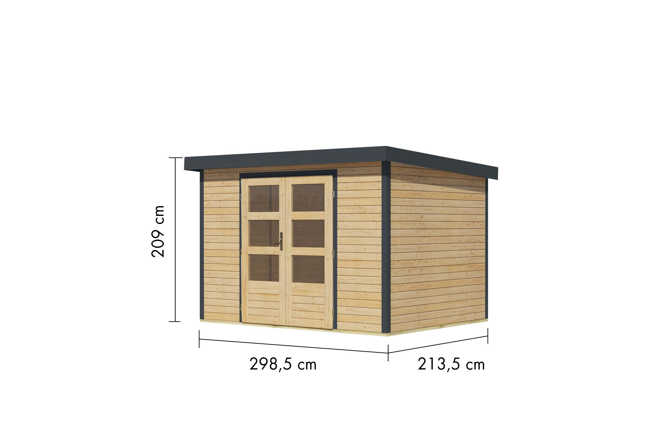 Bemaßte Maßzeichnung des Karibu Gartenhaus Holz & Metall Jupiter 4, 299 × 214 cm