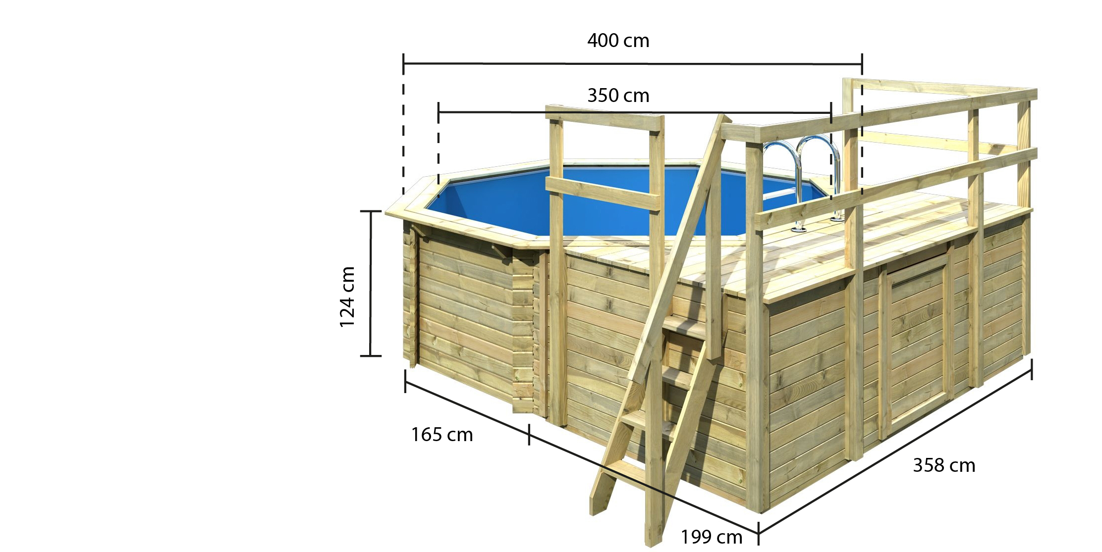 Bemaßte Maßzeichnung des Karibu Pool Modell 1, 358 × 358 cm