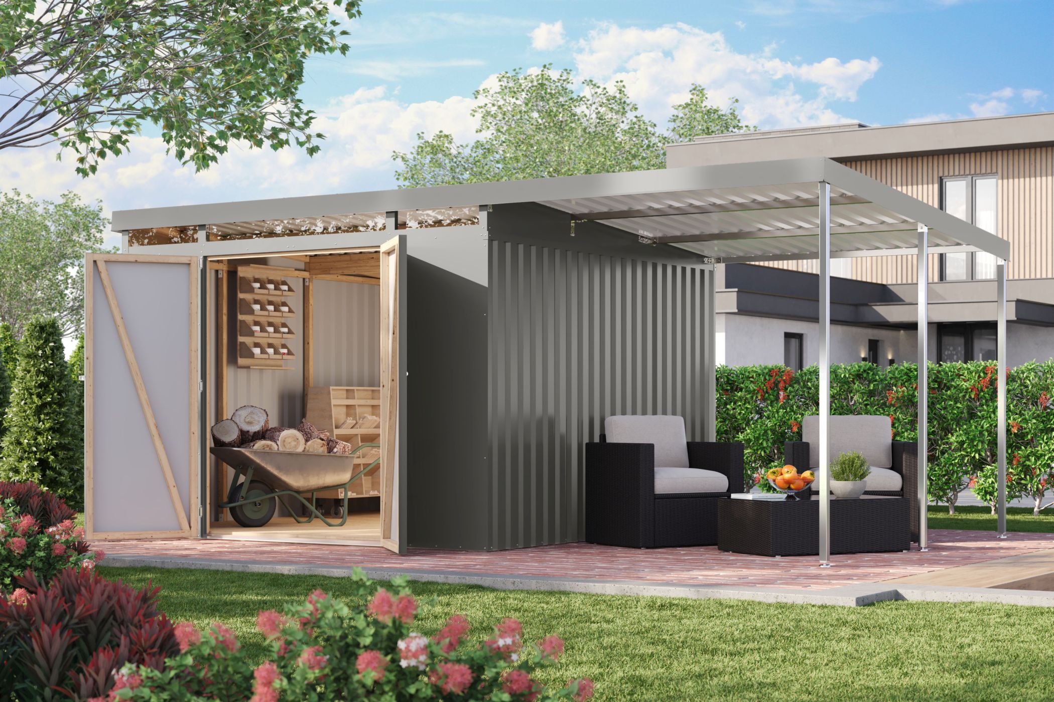 Karibu großes Gerätehaus aus Metall Iridium 3,5 in Graualuminium im Garten