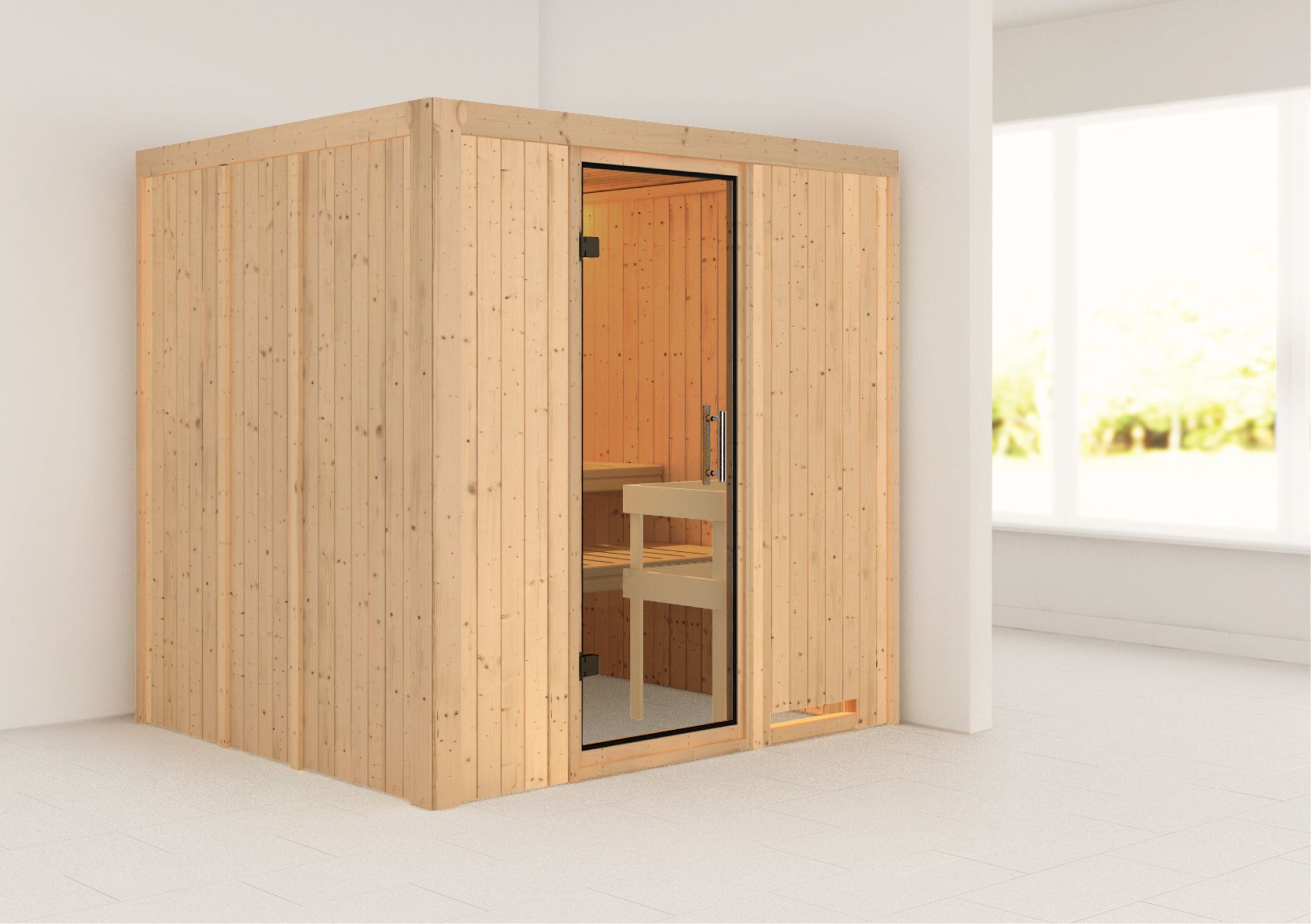 Außenansicht der Karibu Sauna Daria aus nordischer Fichte mit Klarglas-Ganzglastür und Fronteinstieg