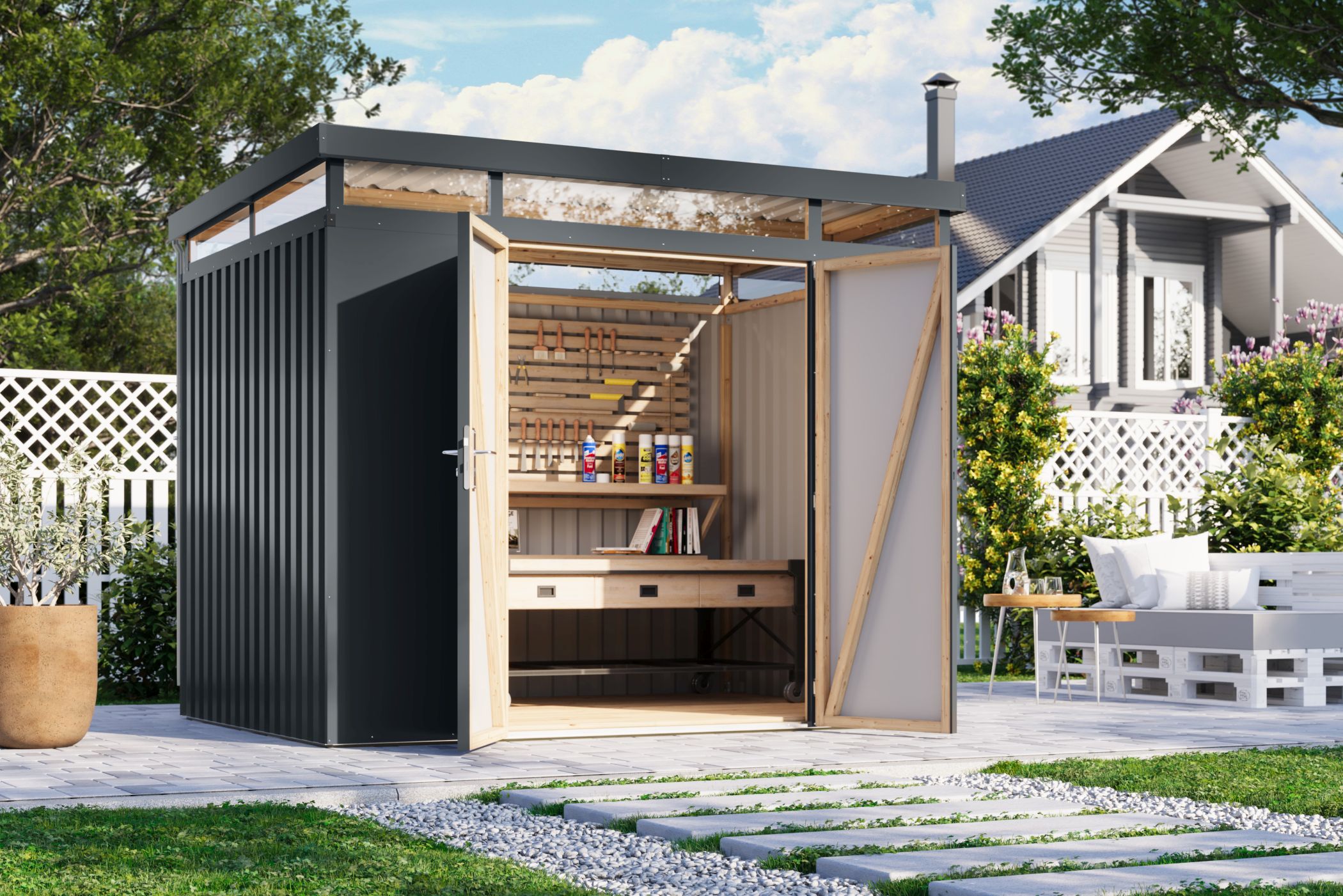 Karibu Gerätehaus aus Metall Aurum 3 in Anthrazit im Garten