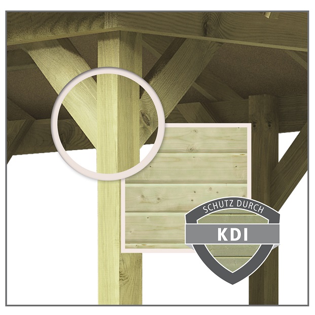 Detailansicht der KDI-imprägnierten Massivholzpfosten und Dachbalken eines Karibu Carports