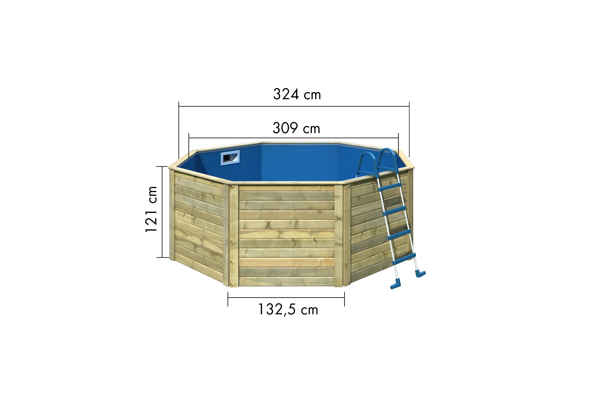 Maßzeichnung der Karibu Pool Modell X0 ca. 3,3x3,3m aus Holz (kesseldruckimprägniert) mit Bemaßung von Grundfläche und Höhe