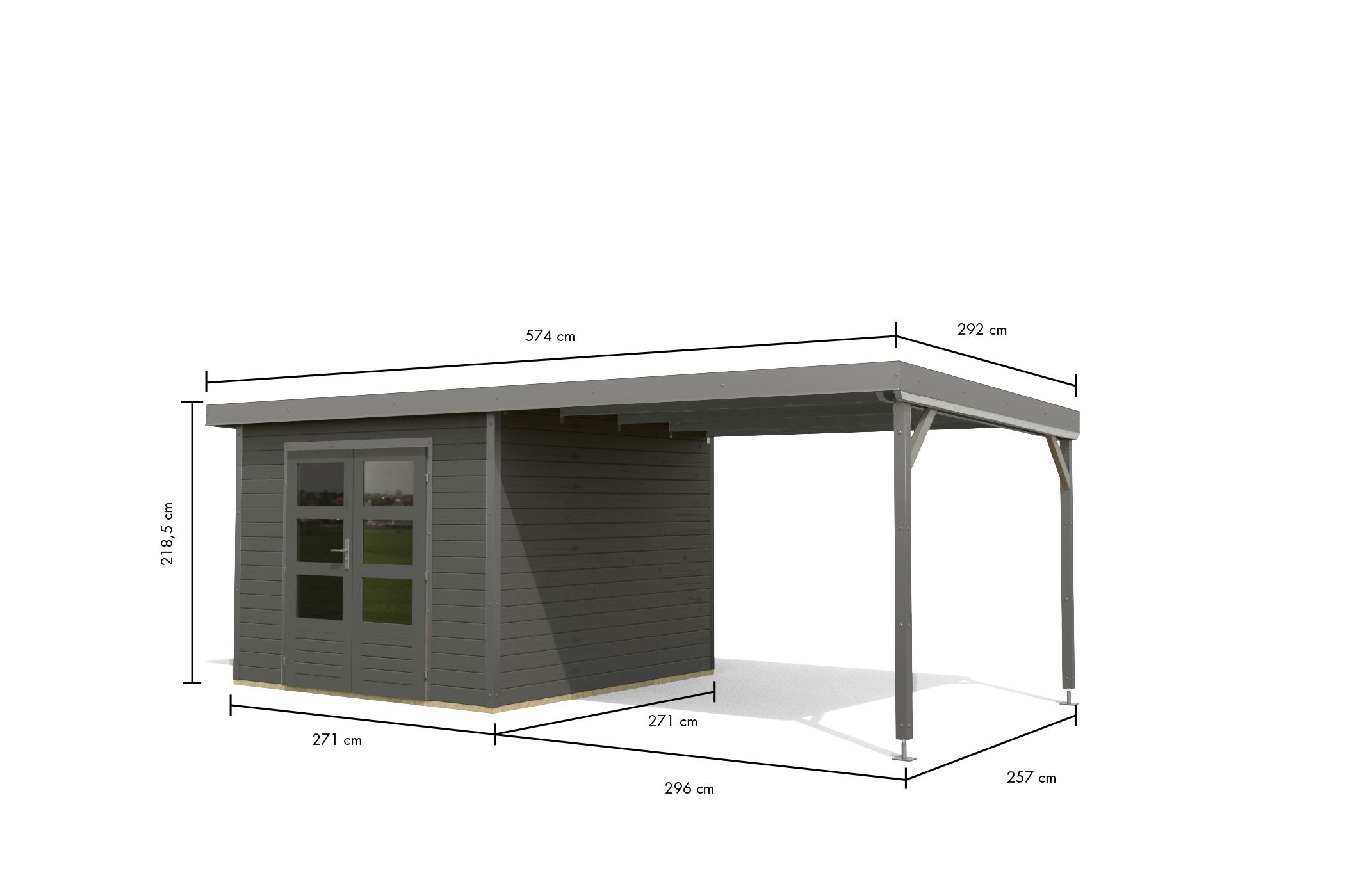 Bemaßte Maßzeichnung des Karibu Gartenhaus Holz & Metall Pluto 6 mit Anbaudach, 574 × 292 cm