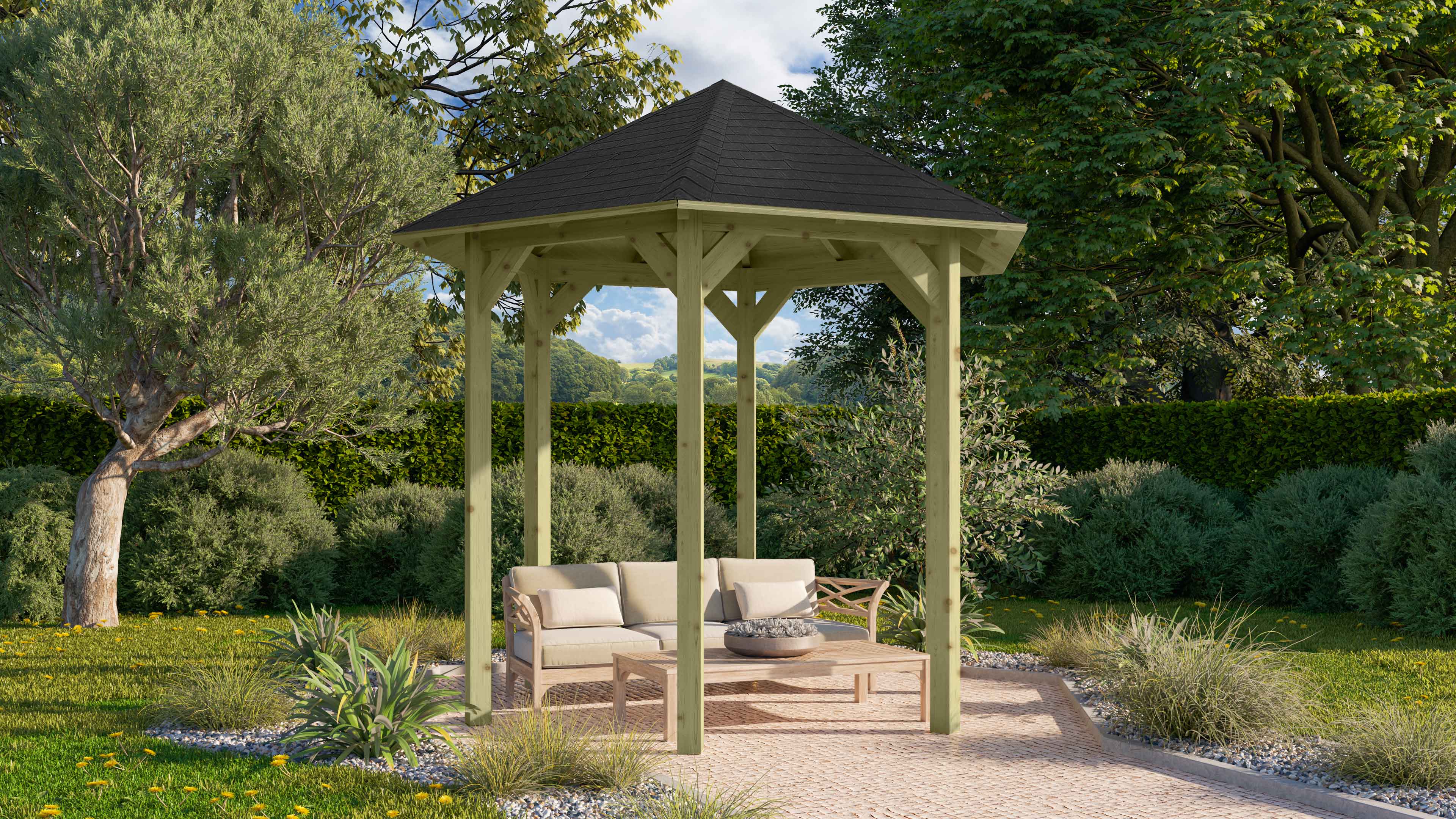 Karibu Pavillon Lissabon aus KDI-Massivholz mit Walmdach im Garten als stimmungsvolle Ambiente-Ansicht