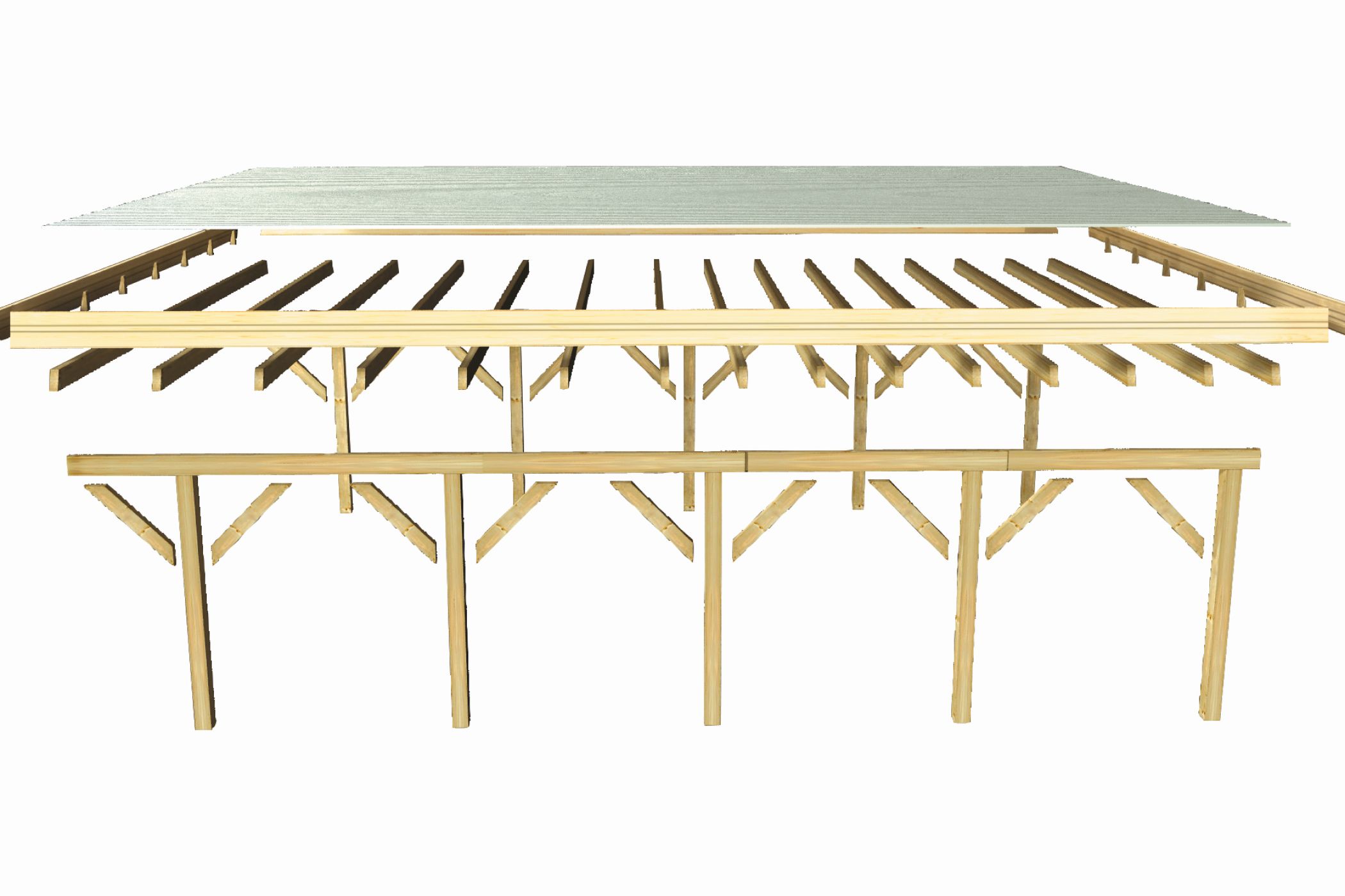 Aufbaudarstellung des Karibu Doppelcarport Classic 1 mit Pfosten, Trägerbalken und Dacheindeckung im Überblick