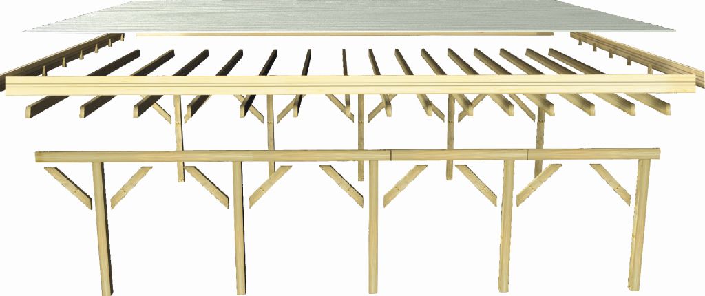 Aufbaudarstellung des Karibu Einzelcarport Classic 2 mit Pfosten, Trägerbalken und Dacheindeckung im Überblick