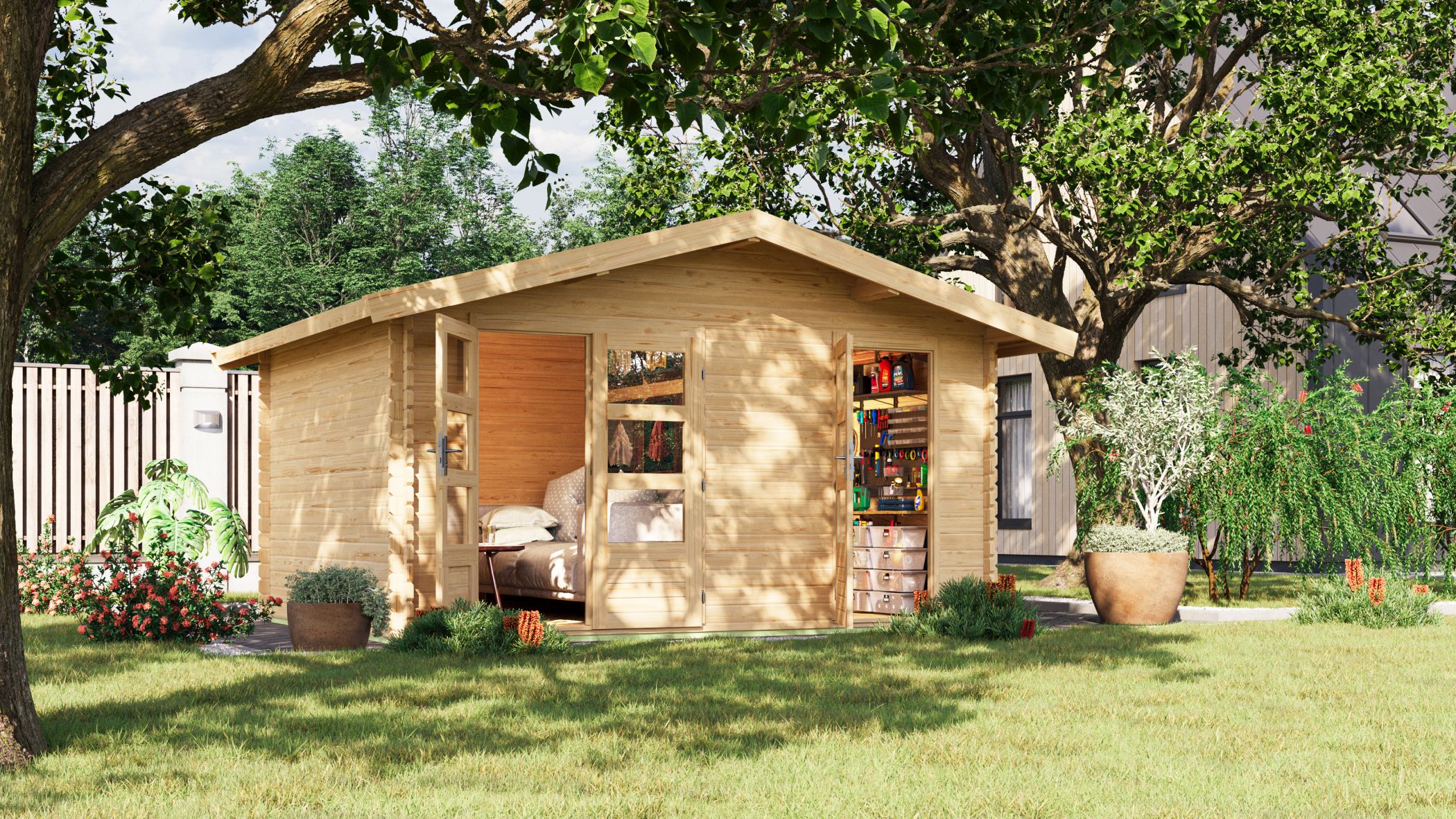 Karibu großes Gartenhaus Lagor 1 aus Holz, im Garten aufgebaut