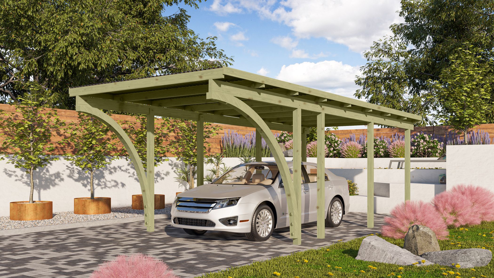 Karibu Einzelcarport BASIC 2 aus KDI-Massivholz mit Flachdach im Garten aufgebaut