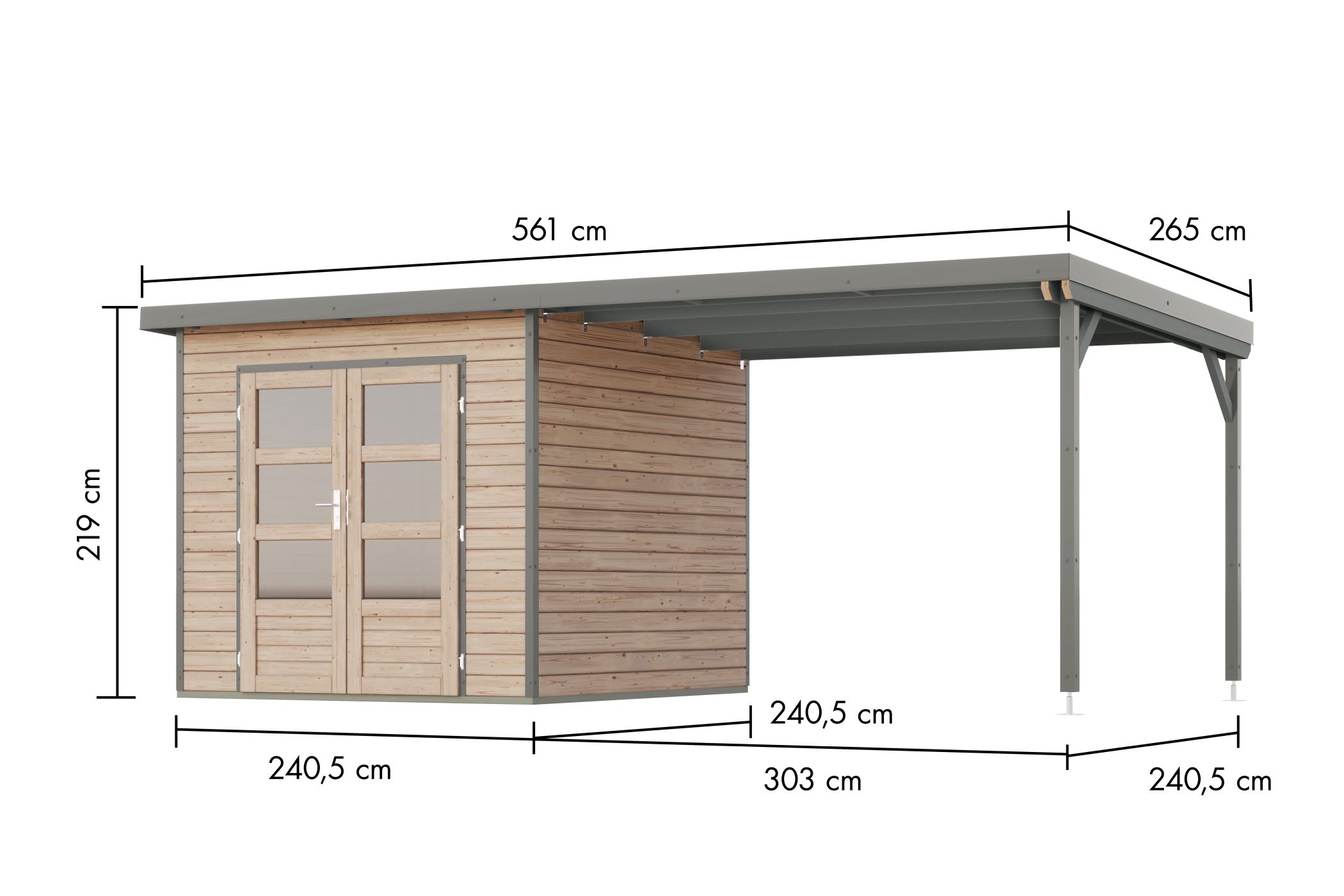 Bemaßte Maßzeichnung des Karibu Gartenhaus Holz & Metall Pluto 3 mit Anbaudach, 561 × 266 cm