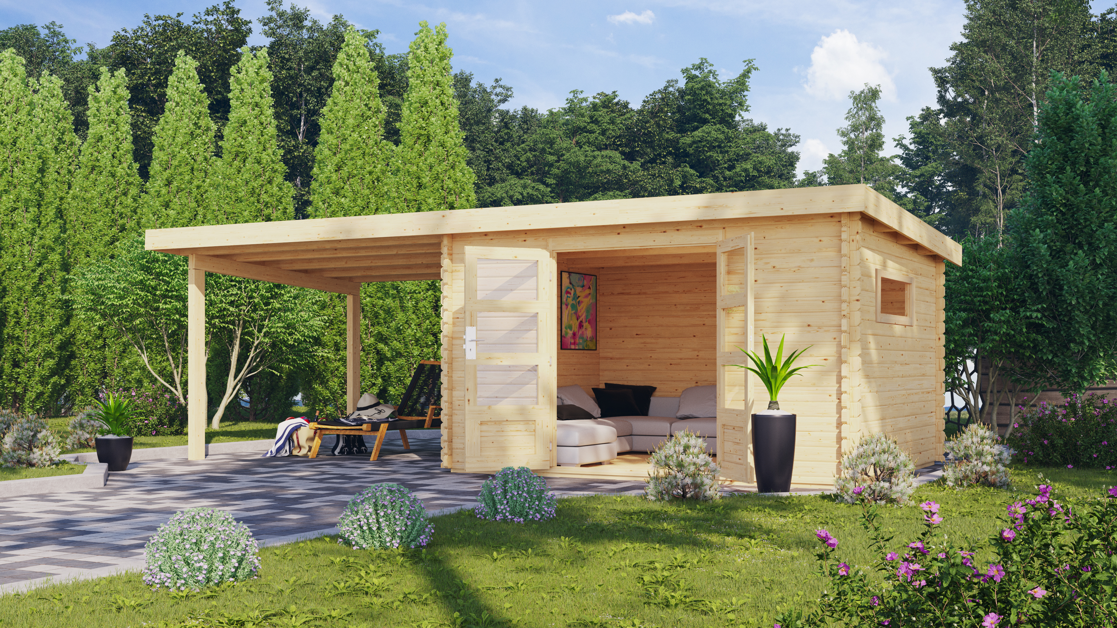 Karibu Gartenhaus Trittau 5 in Naturbelassen und Anbaudach im Garten
