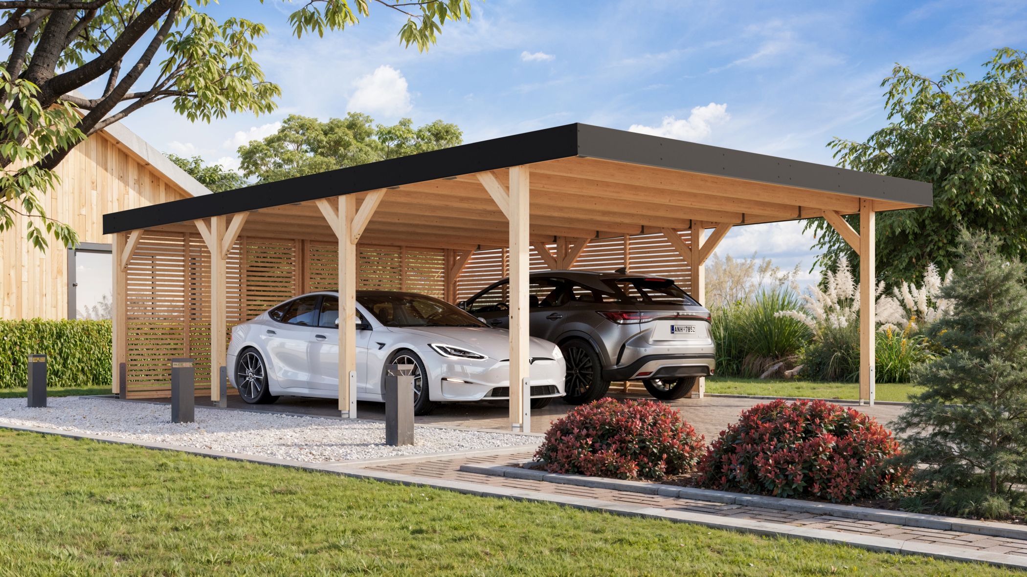 Karibu Doppelcarport Leimholz 2 aus Leimholz mit Flachdach im Garten aufgebaut