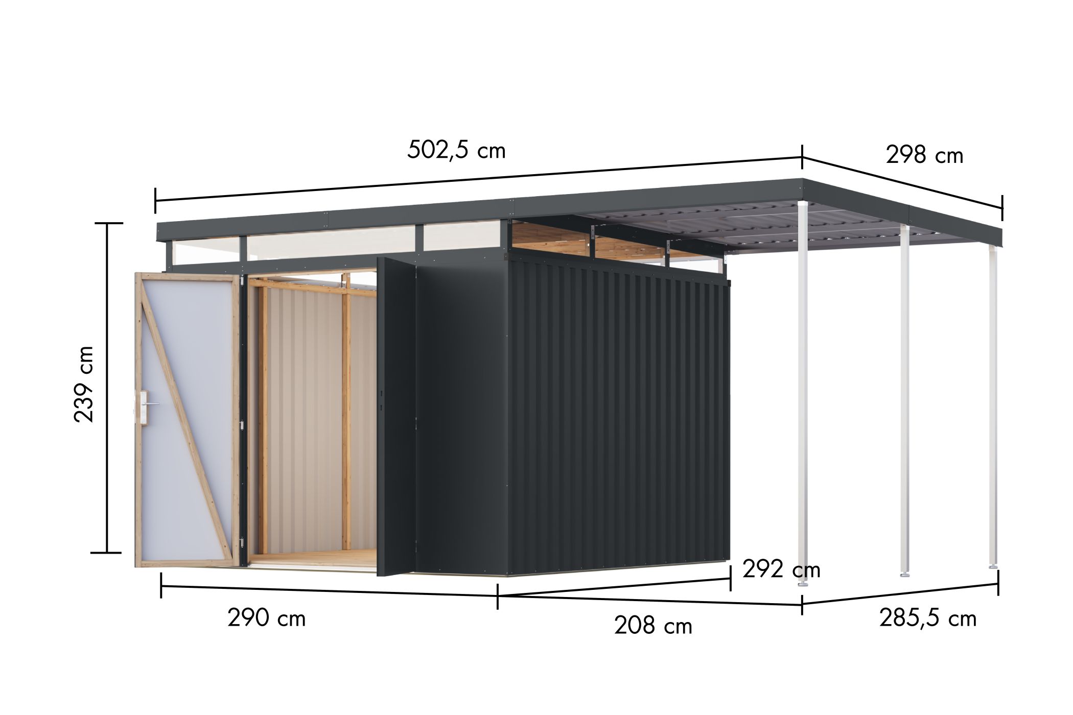 Bemaßte Maßzeichnung des Karibu großes Gerätehaus aus Metall Aurum 3,5, 497 × 292 cm