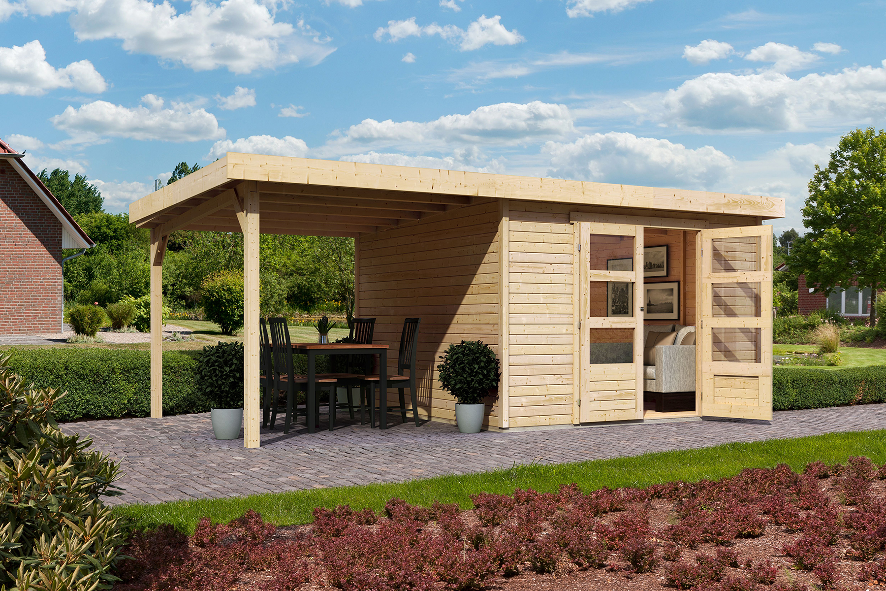 Karibu großes Gerätehaus Askola 6 in Naturbelassen und Anbaudach im Garten