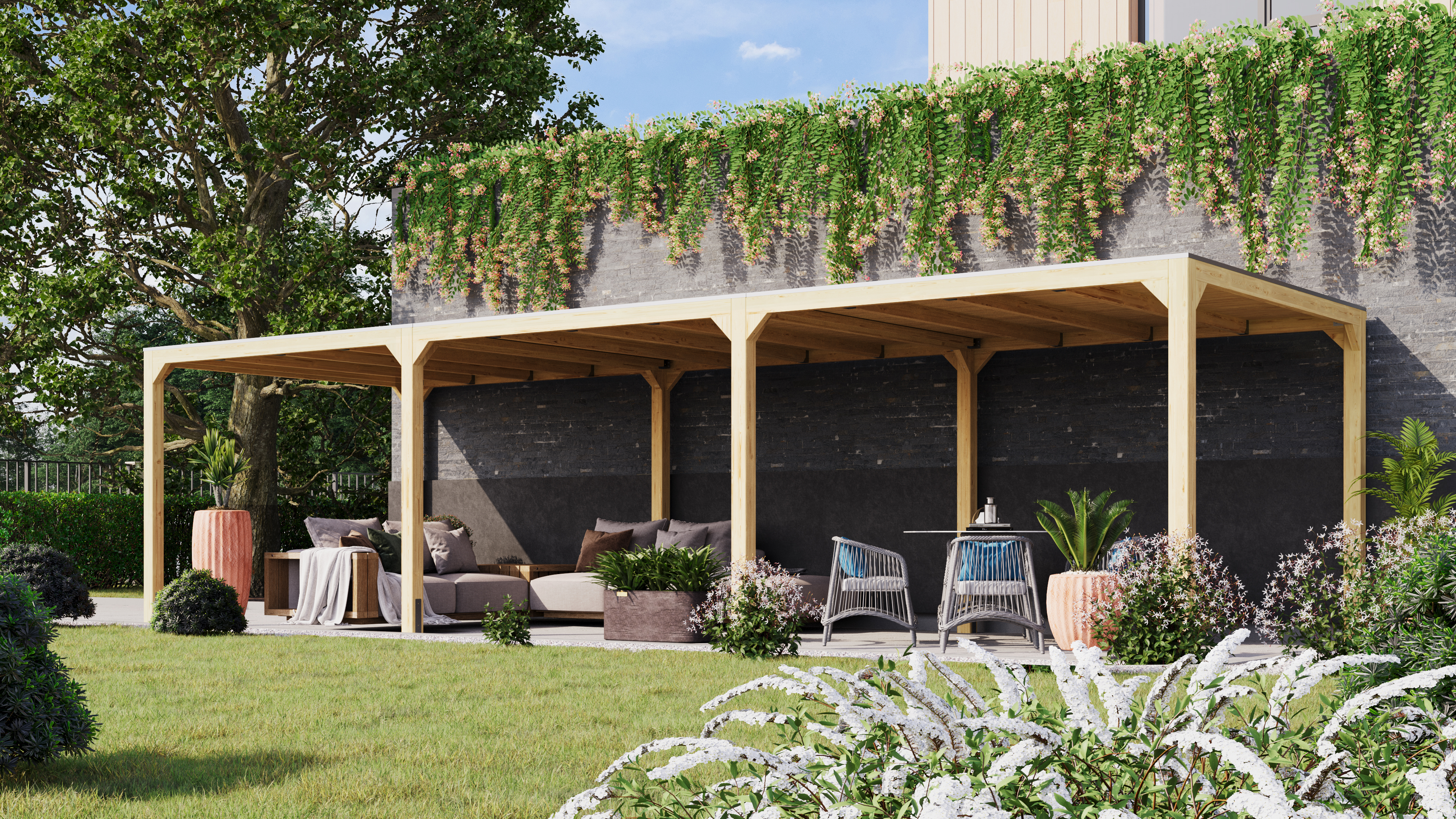 Karibu Pavillon Cubus aus Leimholz mit Flachdach im Garten als Ambiente-Ansicht