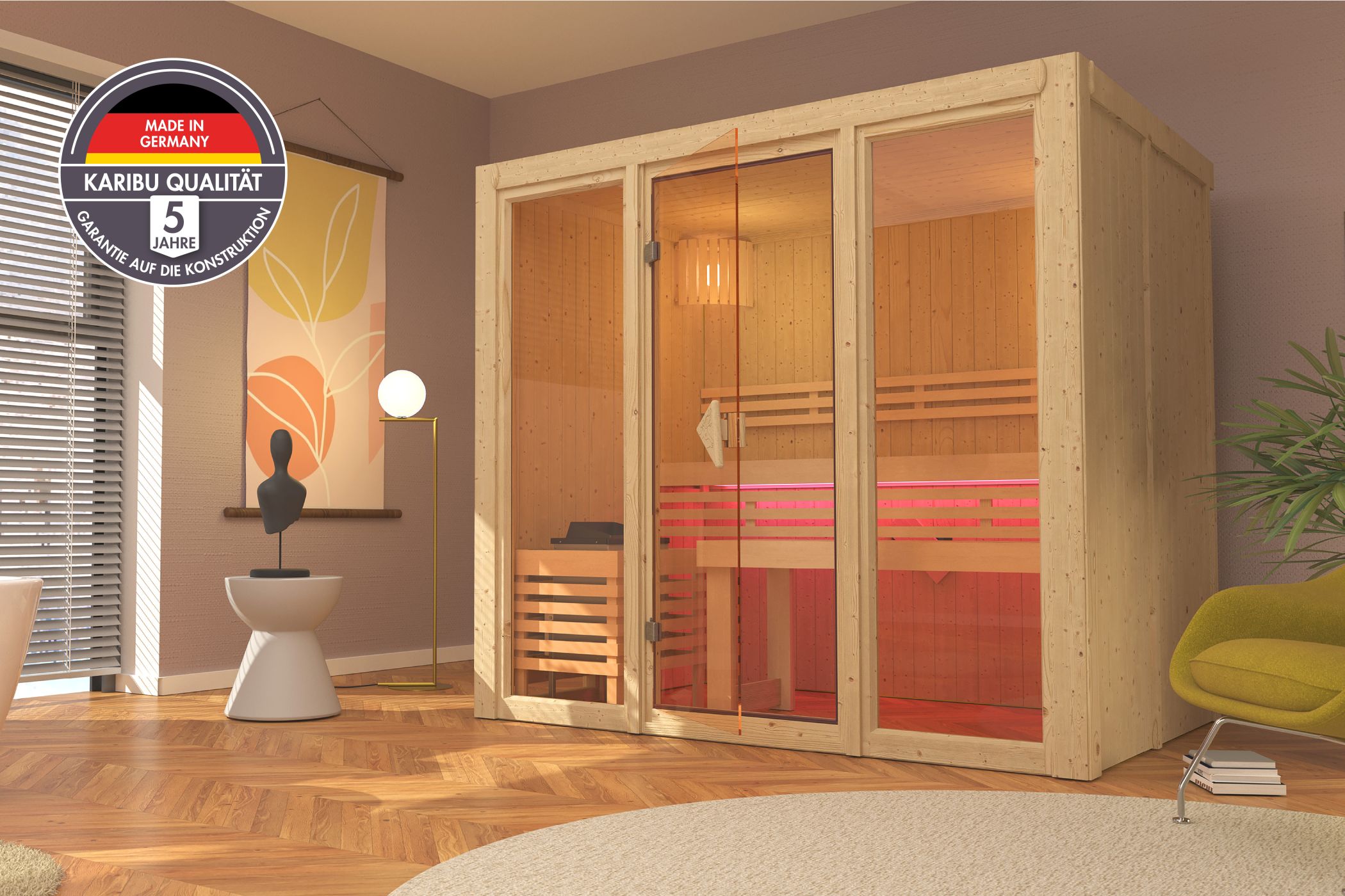 Karibu Sauna Avari 3 als hochwertige Sauna aus nordischer Fichte im Wohnraum-Ambiente