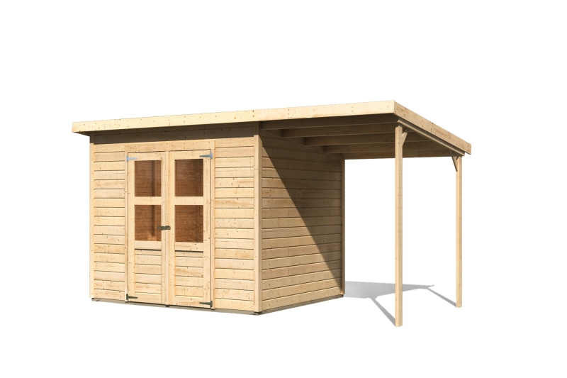 Karibu Gerätehaus Merseburg 5 in Naturbelassen und Anbaudach, Freisteller