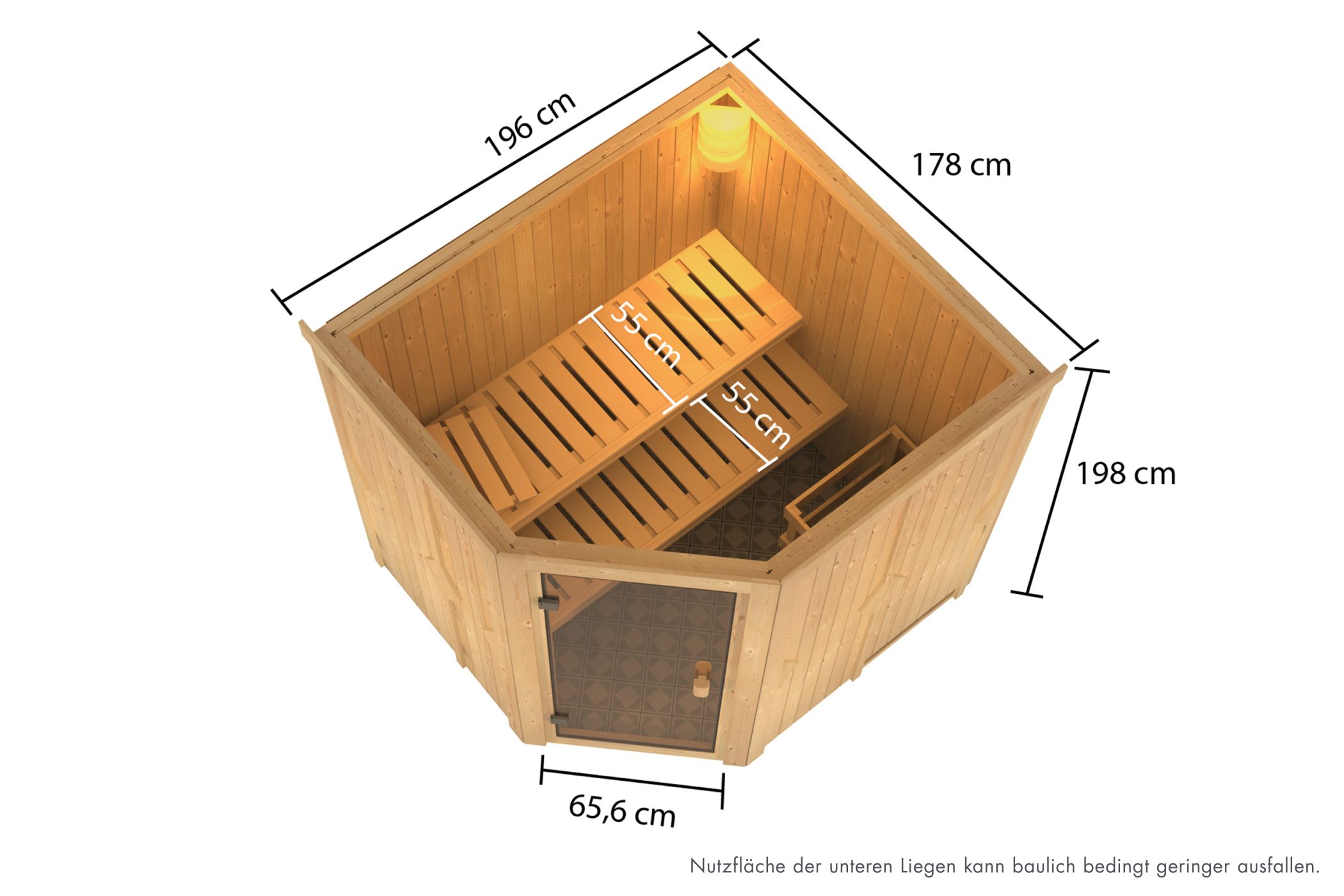 Maßzeichnung der Karibu Sauna Bodo mit Außenmaß 196 × 178 cm und Höhe 198 cm