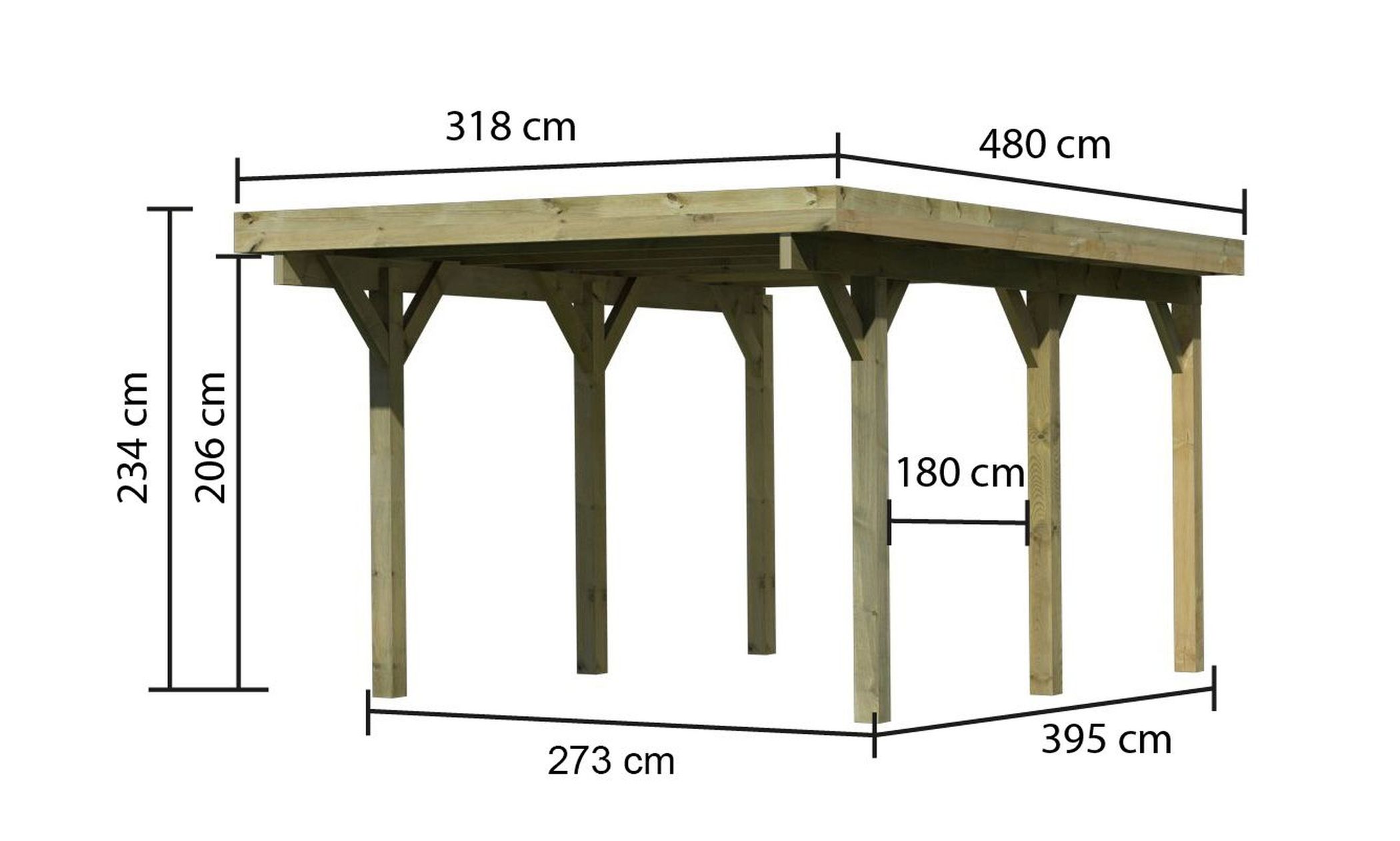 Maßzeichnung des Karibu Einzelcarport Classic 1 mit Dachmaß 318 × 480 cm und Durchfahrtshöhe 206 cm