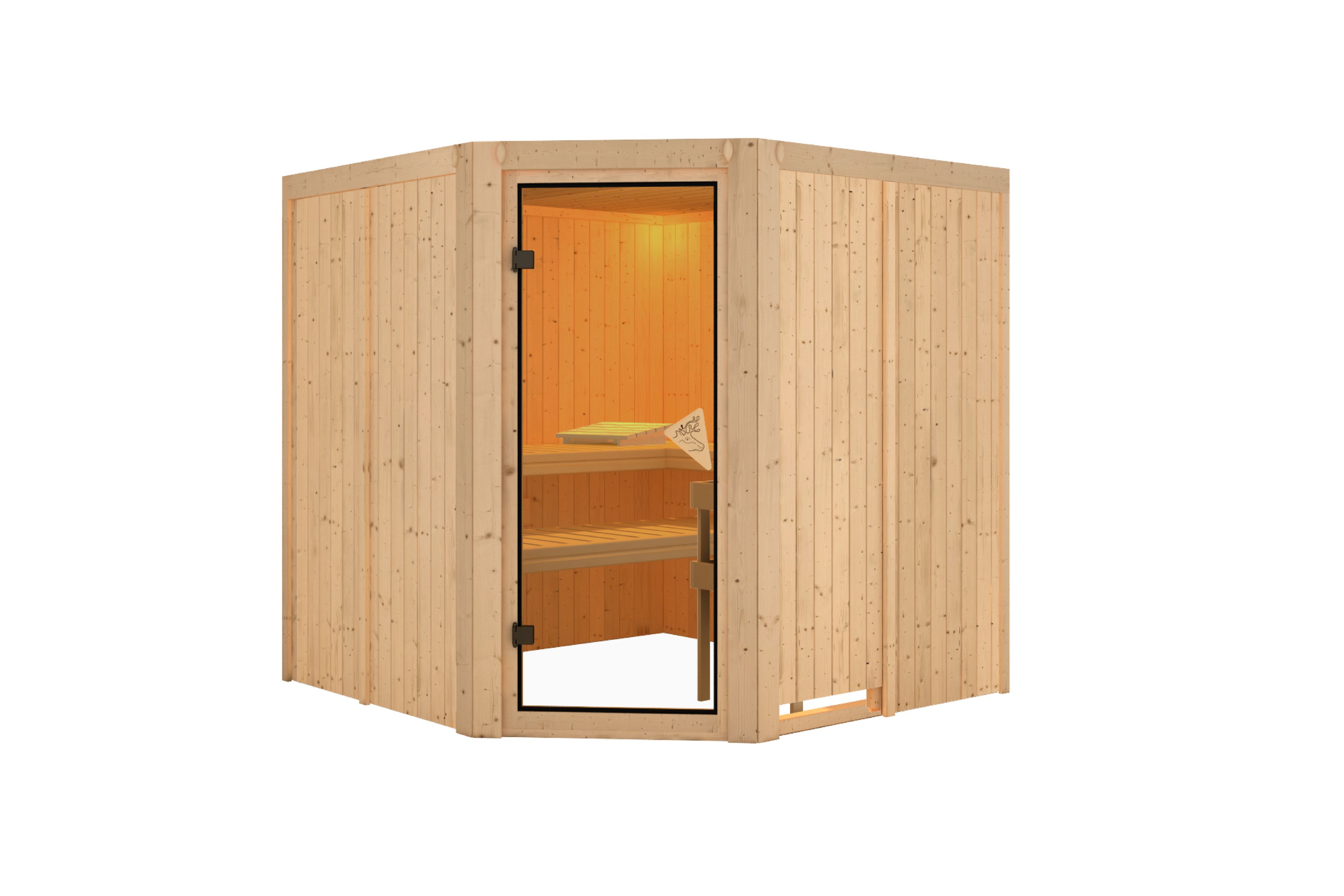 Innenansicht der Karibu Sauna Jarin mit Liegen und Kopfstütze aus hellem Espenholz