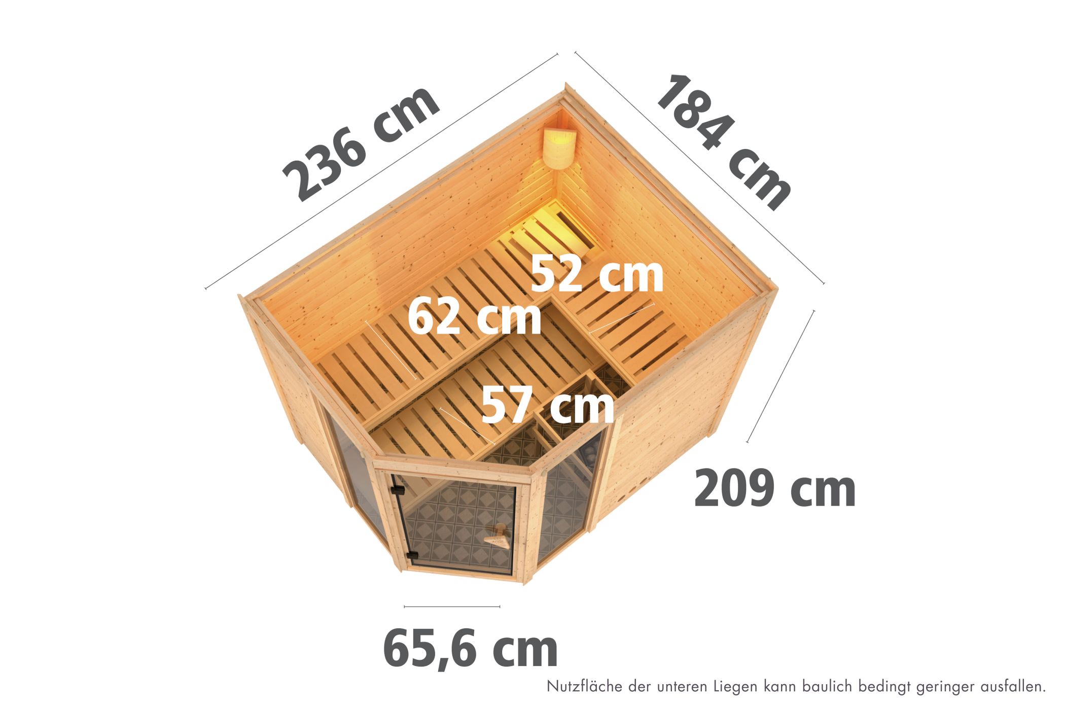 Maßzeichnung der Karibu Sauna Sinai 3 mit Außenmaß 236 × 184 cm und Höhe 209 cm