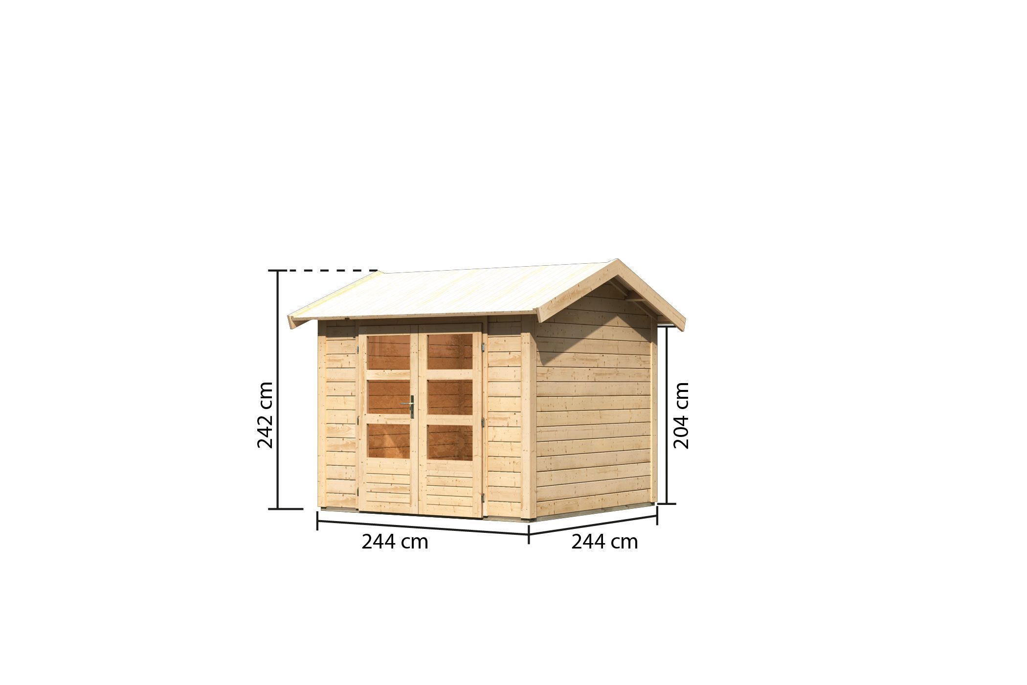 Bemaßte Maßzeichnung des Karibu Gartenhaus Theres 3, 244 × 244 cm