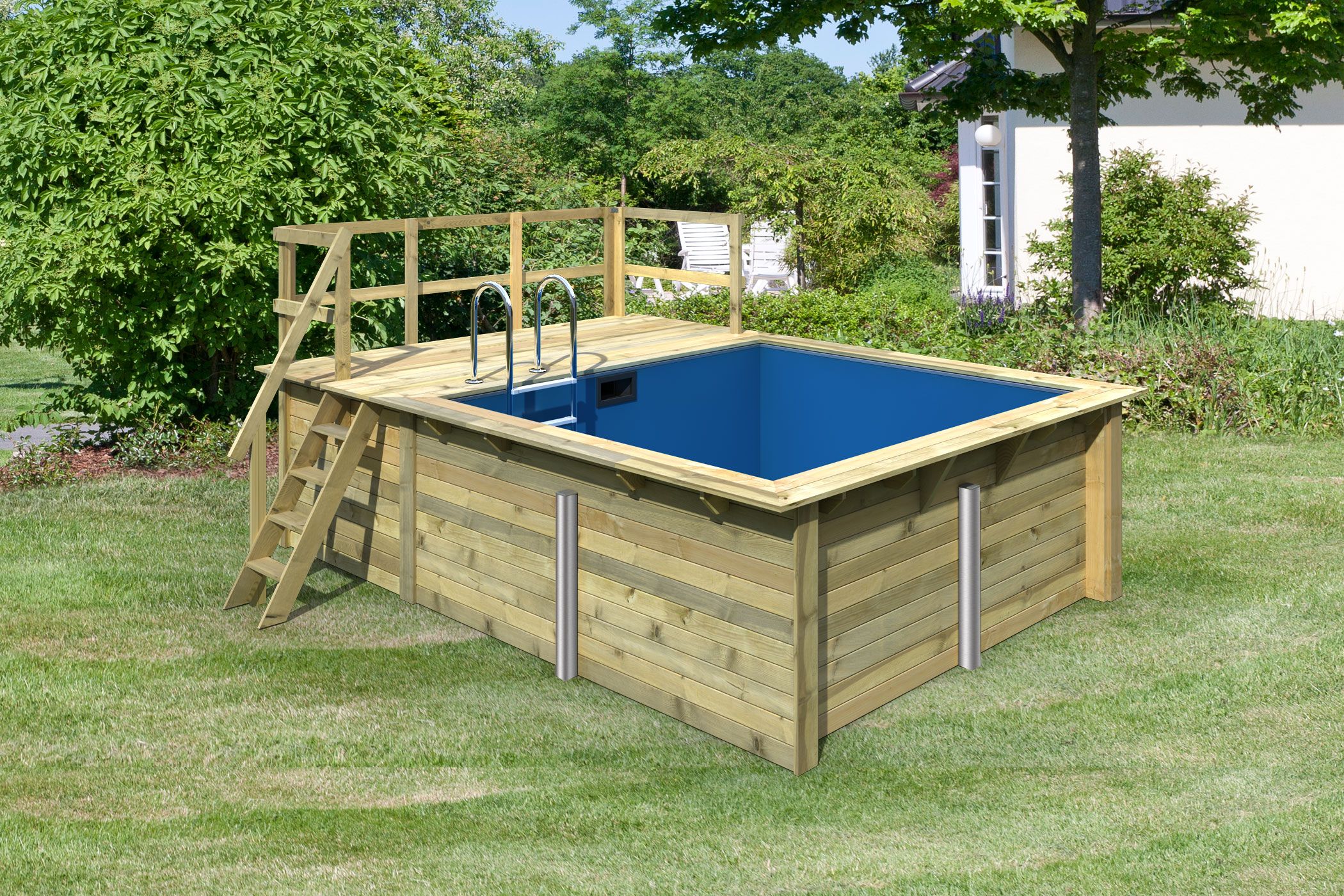 Ausstattungsübersicht des Karibu Rechteck Pool 1 in 44-mm-Blockbohlenbauweise mit Doppelflügeltür und Massivholzdach