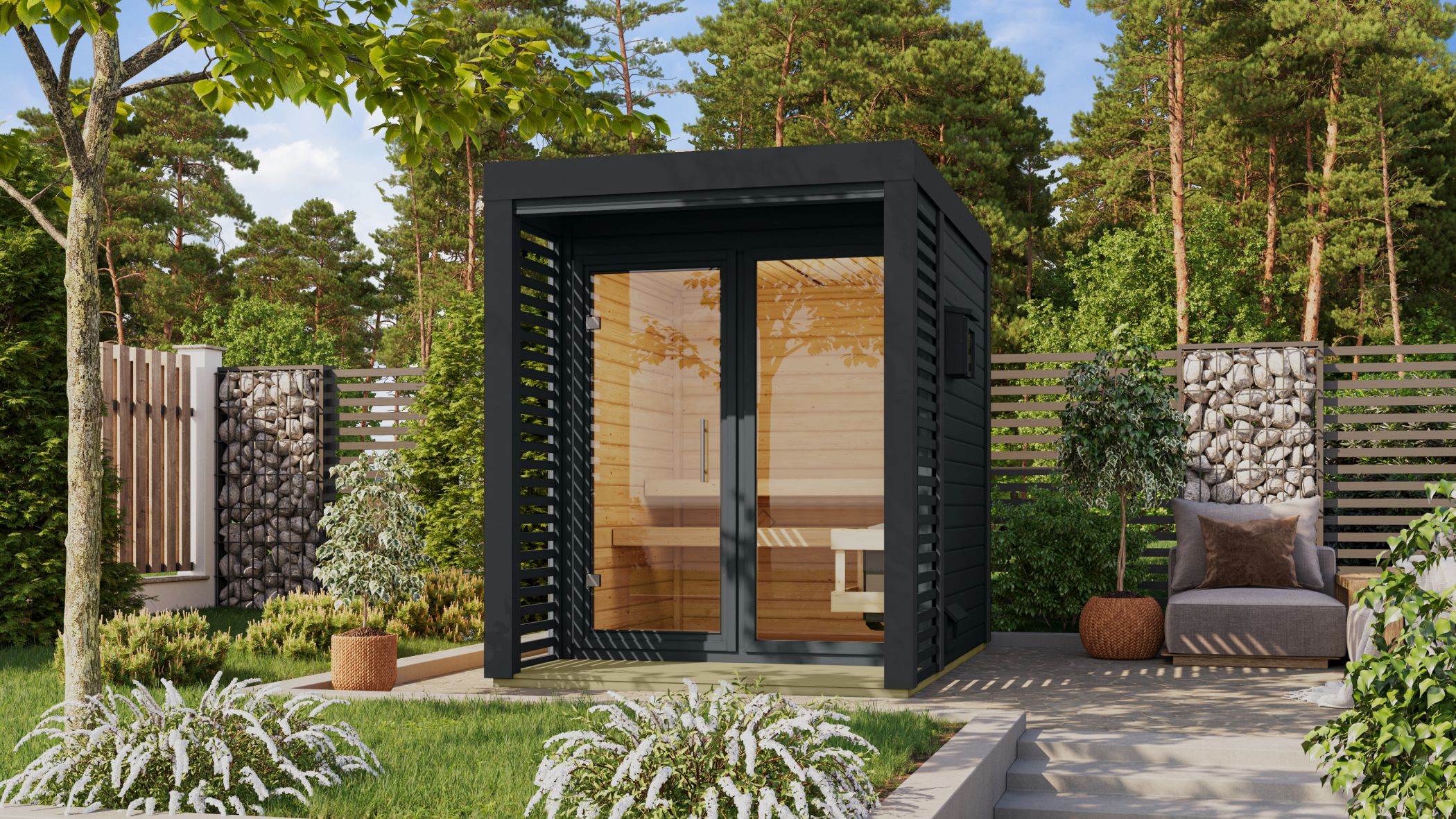 Karibu Saunahaus Ares 1 als Gartensauna aus Massivholz im Garten mit Glasfront