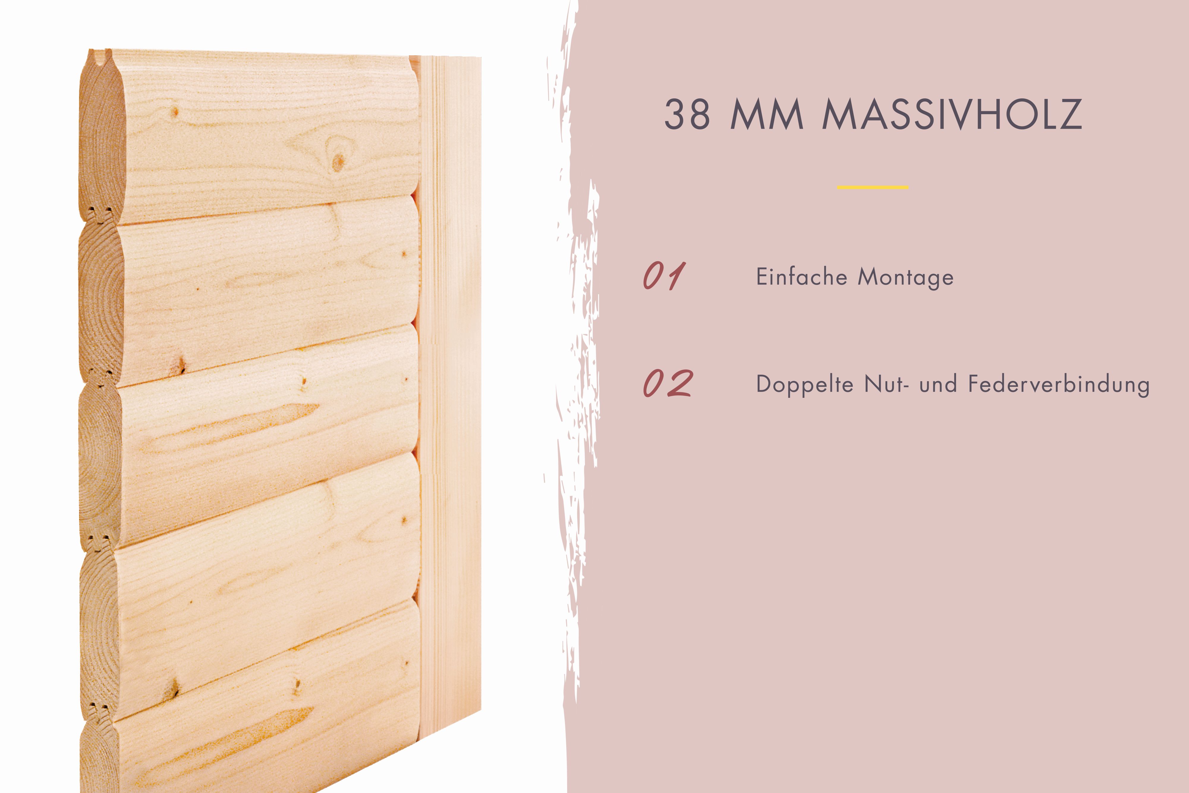 Massivholz-Bauweise der Karibu Sauna aus 38 mm Wandstärke mit doppelter Nut-und-Feder-Verbindung
