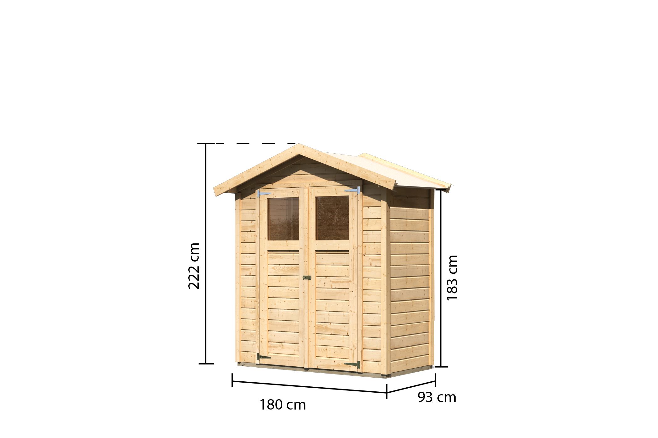 Maßzeichnung der Karibu kleines Gerätehaus Dahme 0 mit Bemaßung von Grundfläche und Höhe