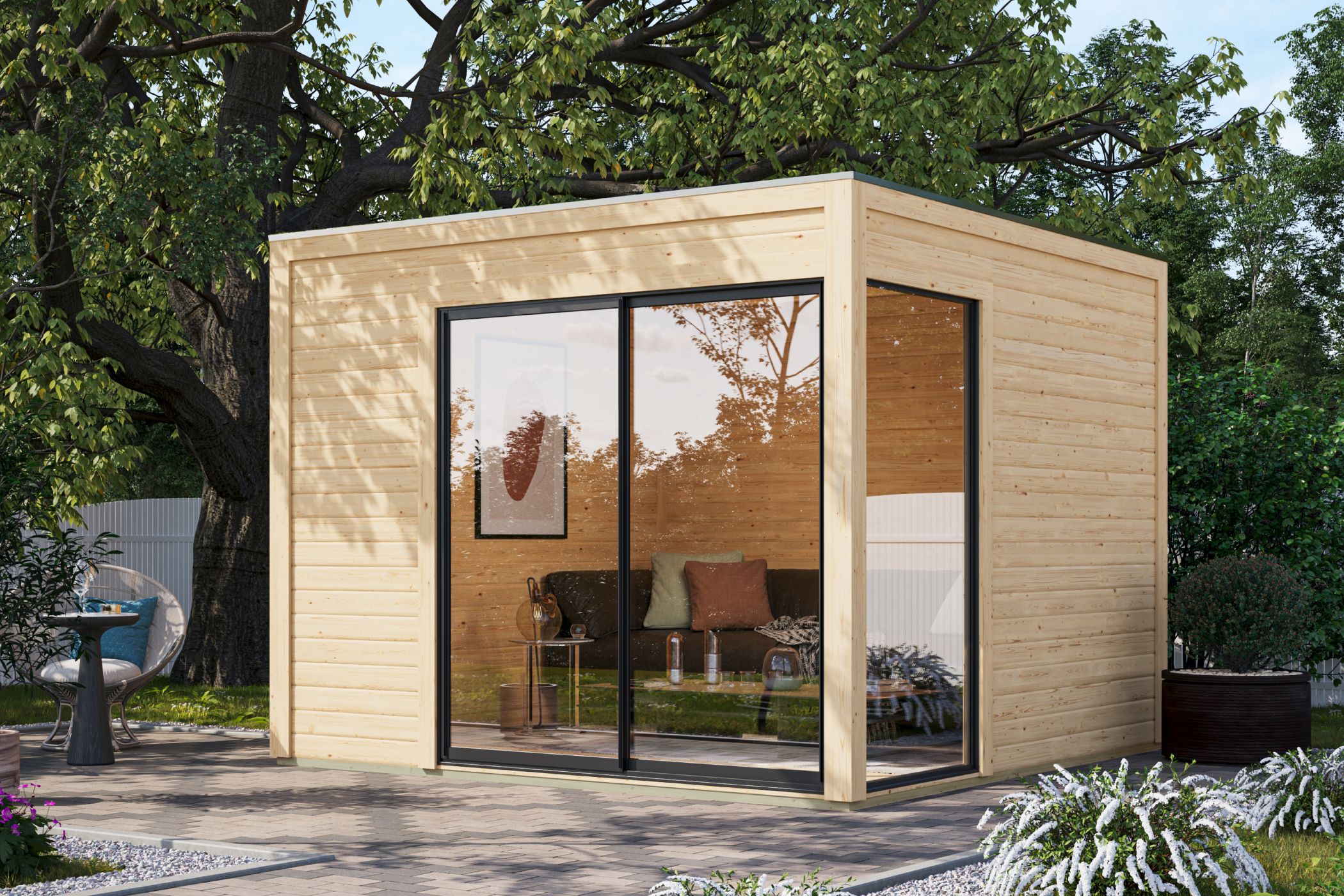 Karibu Poolhaus Dice 1, im Garten aufgebaut