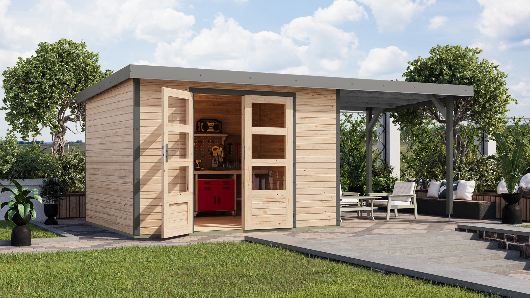 Karibu Gartenhaus Holz & Metall Jupiter 5 in Naturbelassen mit Metall in Graualuminium und Anbaudach im Garten