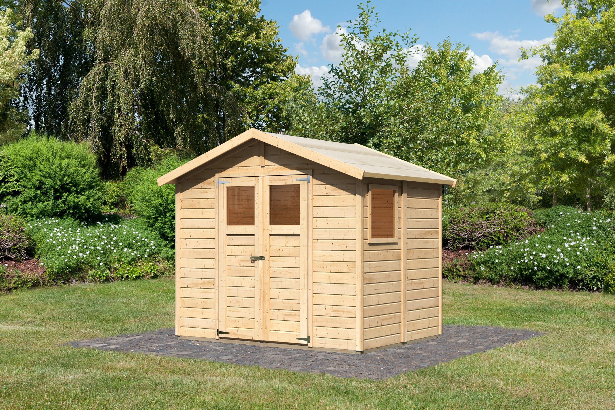 Karibu Gerätehaus Dalin 1 aus Holz, im Garten aufgebaut