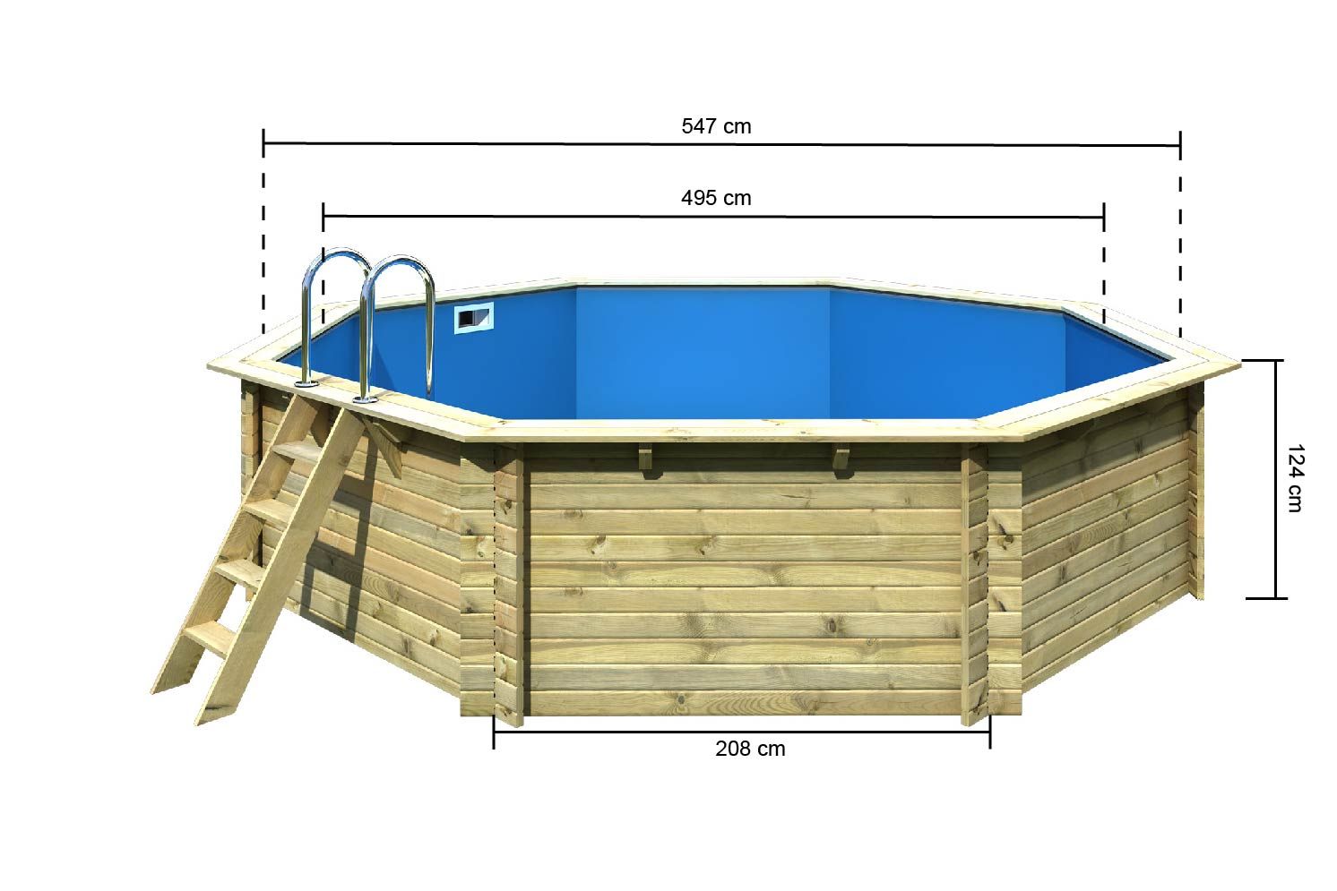 Bemaßte Maßzeichnung des Karibu Pool Modell 3, 502 × 502 cm