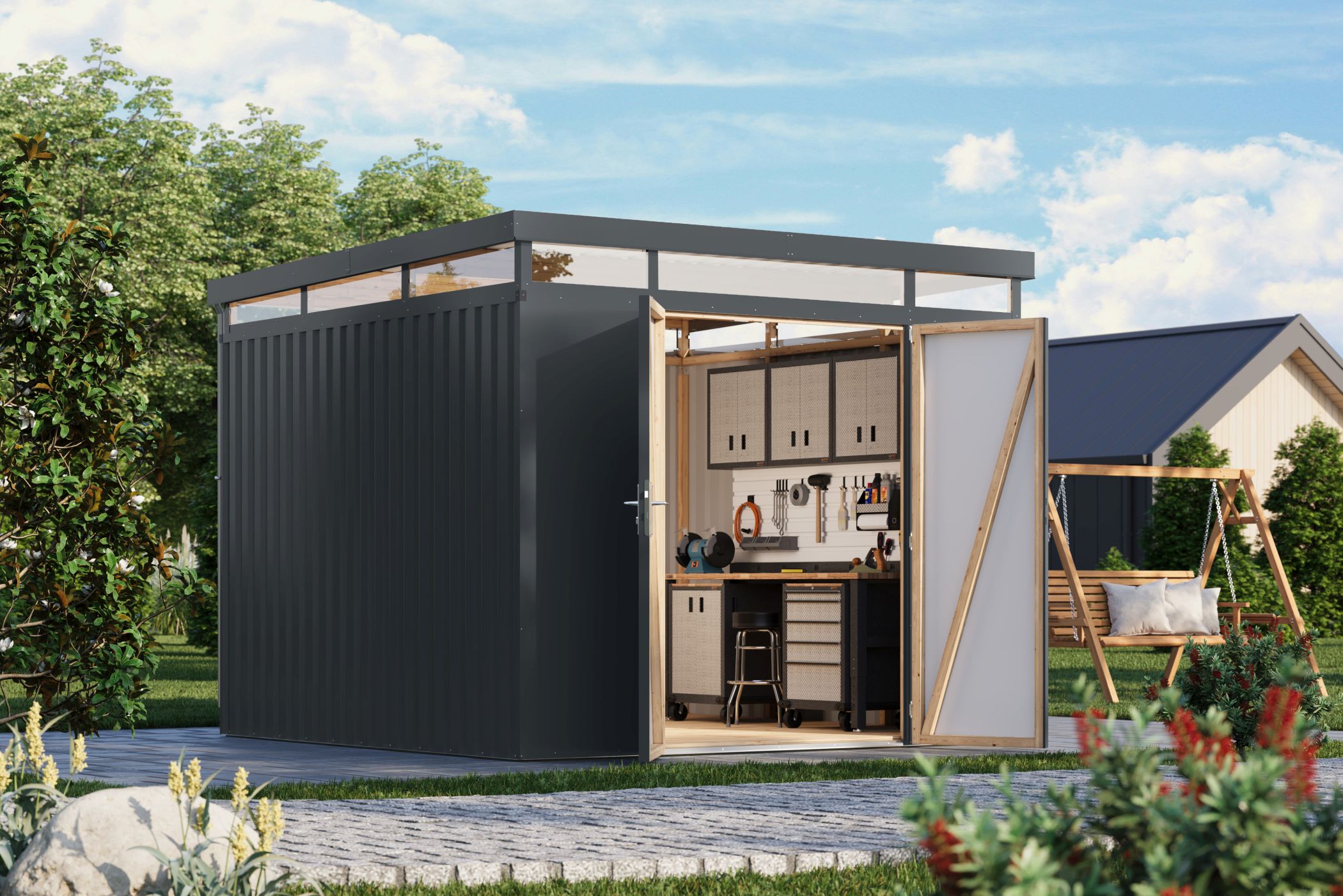 Karibu großes Gerätehaus aus Metall Aurum 3,5 in Anthrazit im Garten
