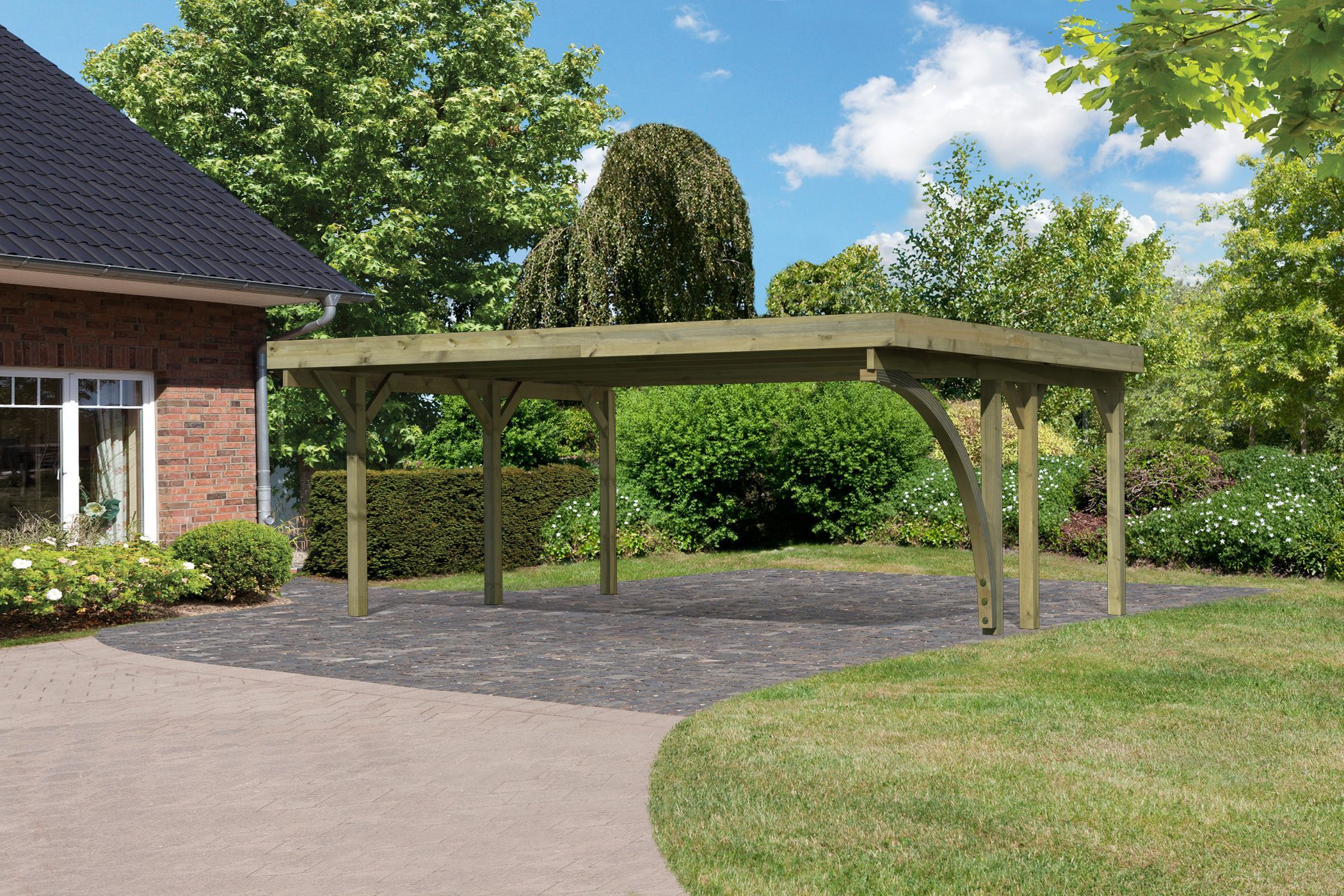 Außenansicht des Karibu Doppelcarport Classic 1 aus KDI-Massivholz mit Flachdach im Garten aufgebaut