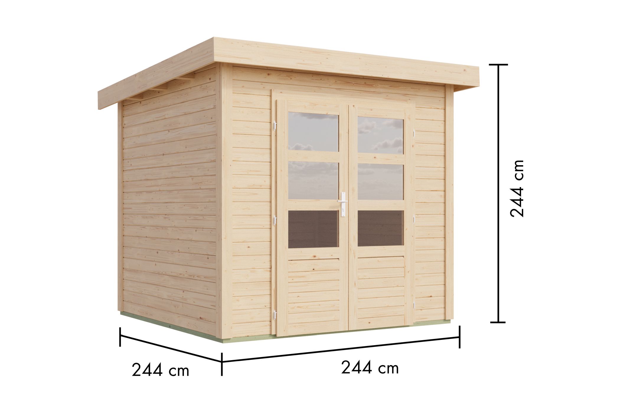Bemaßte Maßzeichnung des Karibu Gartenhaus Kolbin 3 XXL (Extra hohe Tür) mit Bemaßung