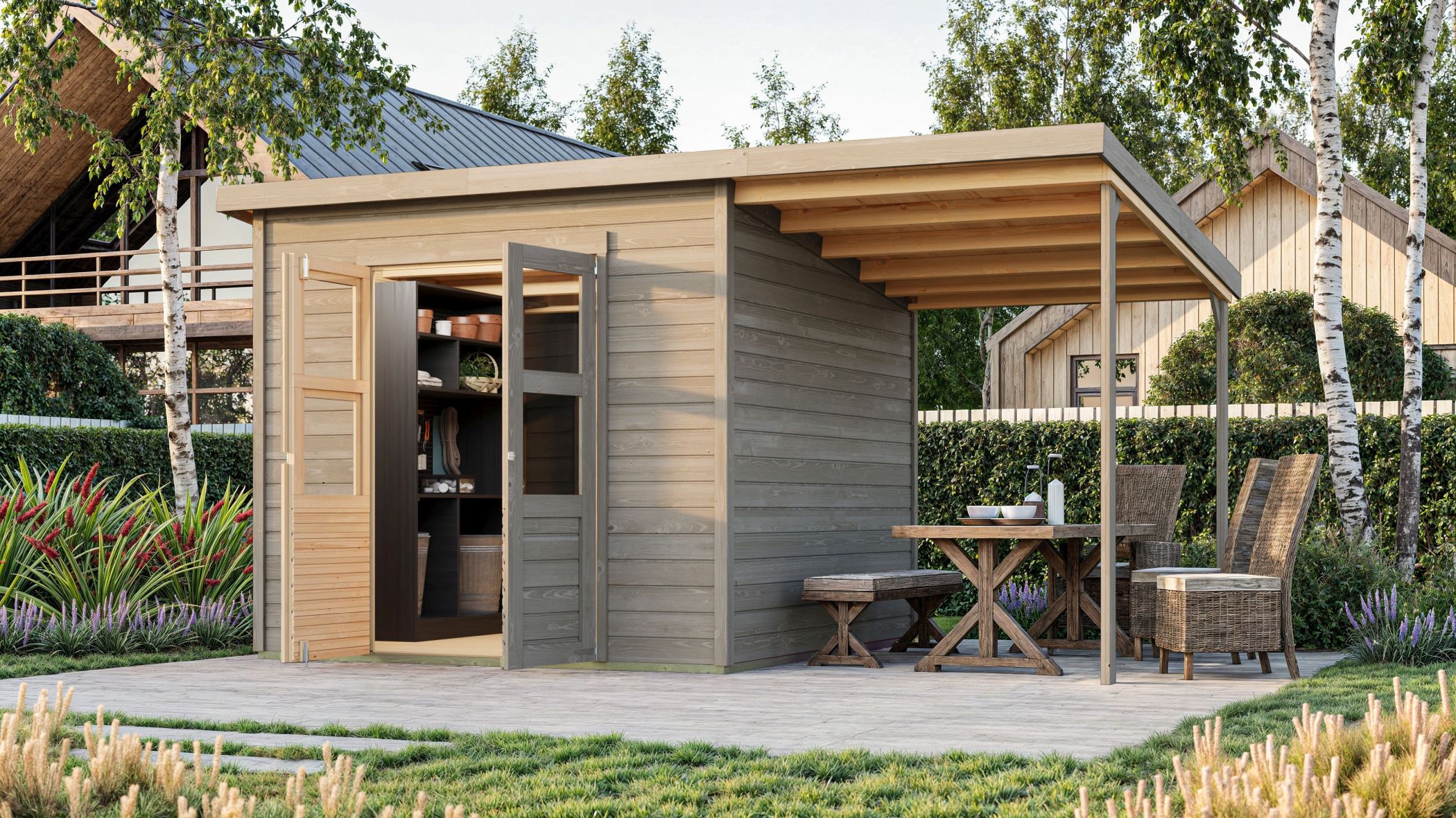 Karibu Gerätehaus Merseburg 5 in Vorvergraut und Anbaudach im Garten