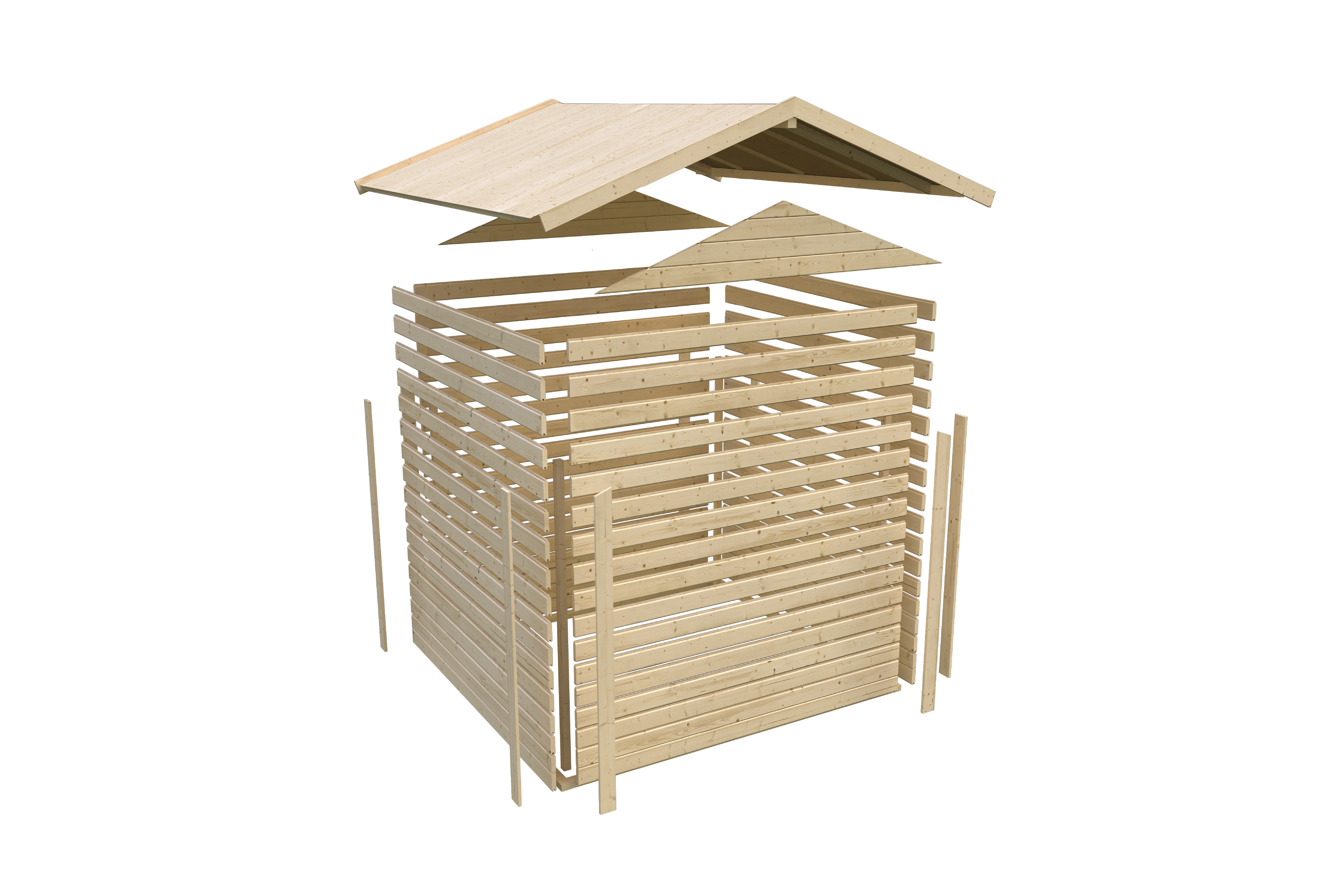 Aufbaudarstellung des Karibu Gartenhaus Talkau 8 mit Wandprofilen und Pultdach
