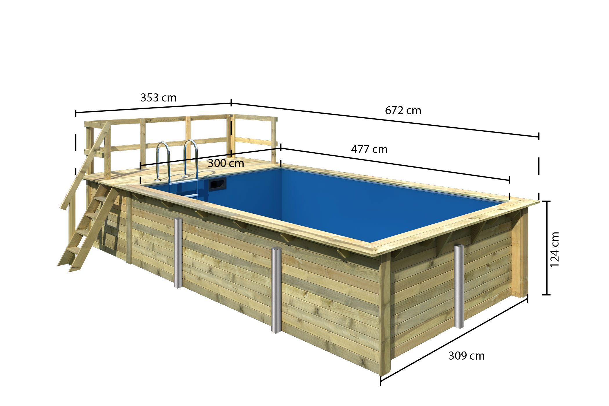 Bemaßte Maßzeichnung des Karibu Rechteck Pool 3, 309 × 486 cm