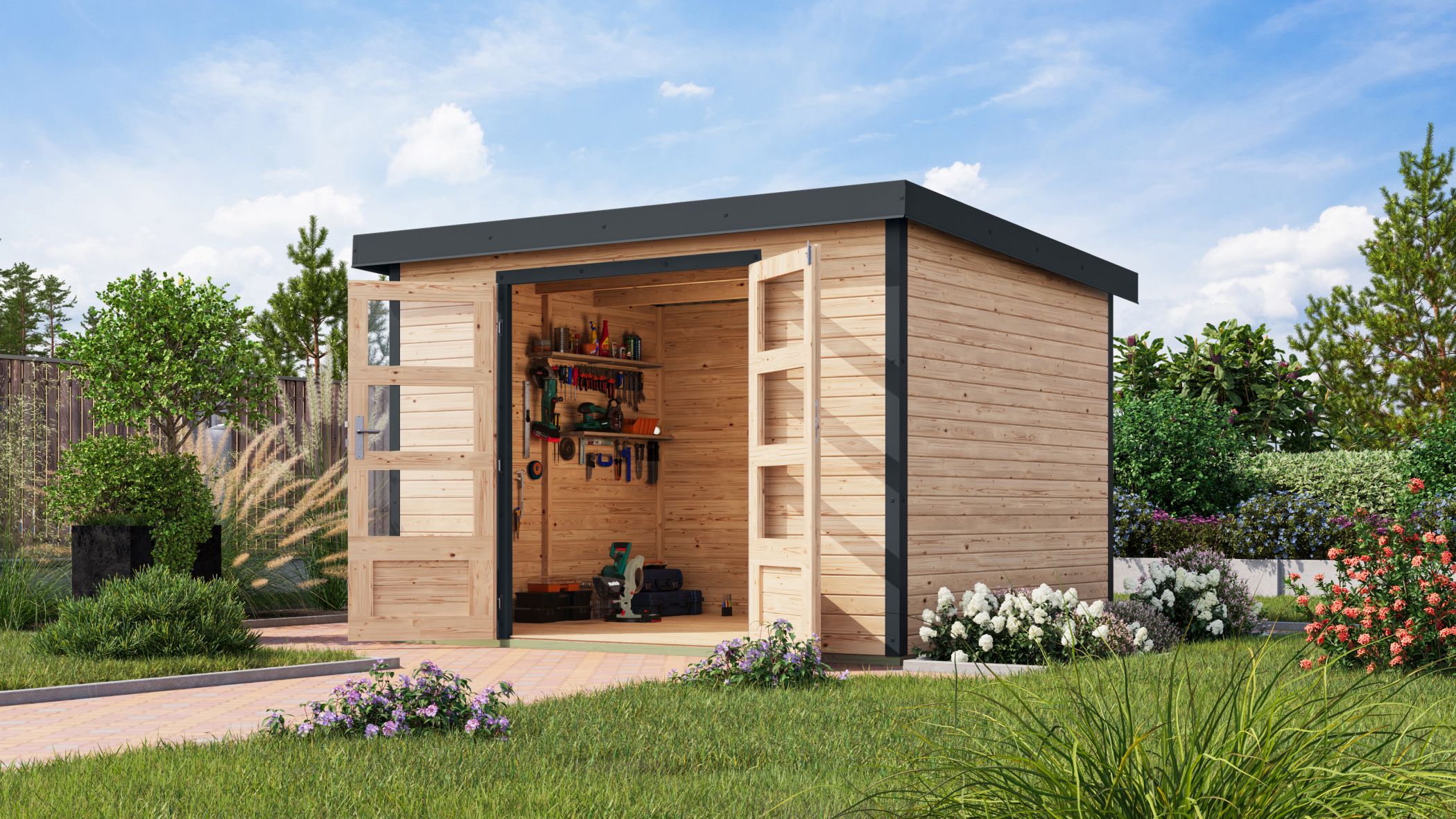 Karibu Gartenhaus Holz & Metall Jupiter 5 in Naturbelassen mit Metall in Anthrazit im Garten